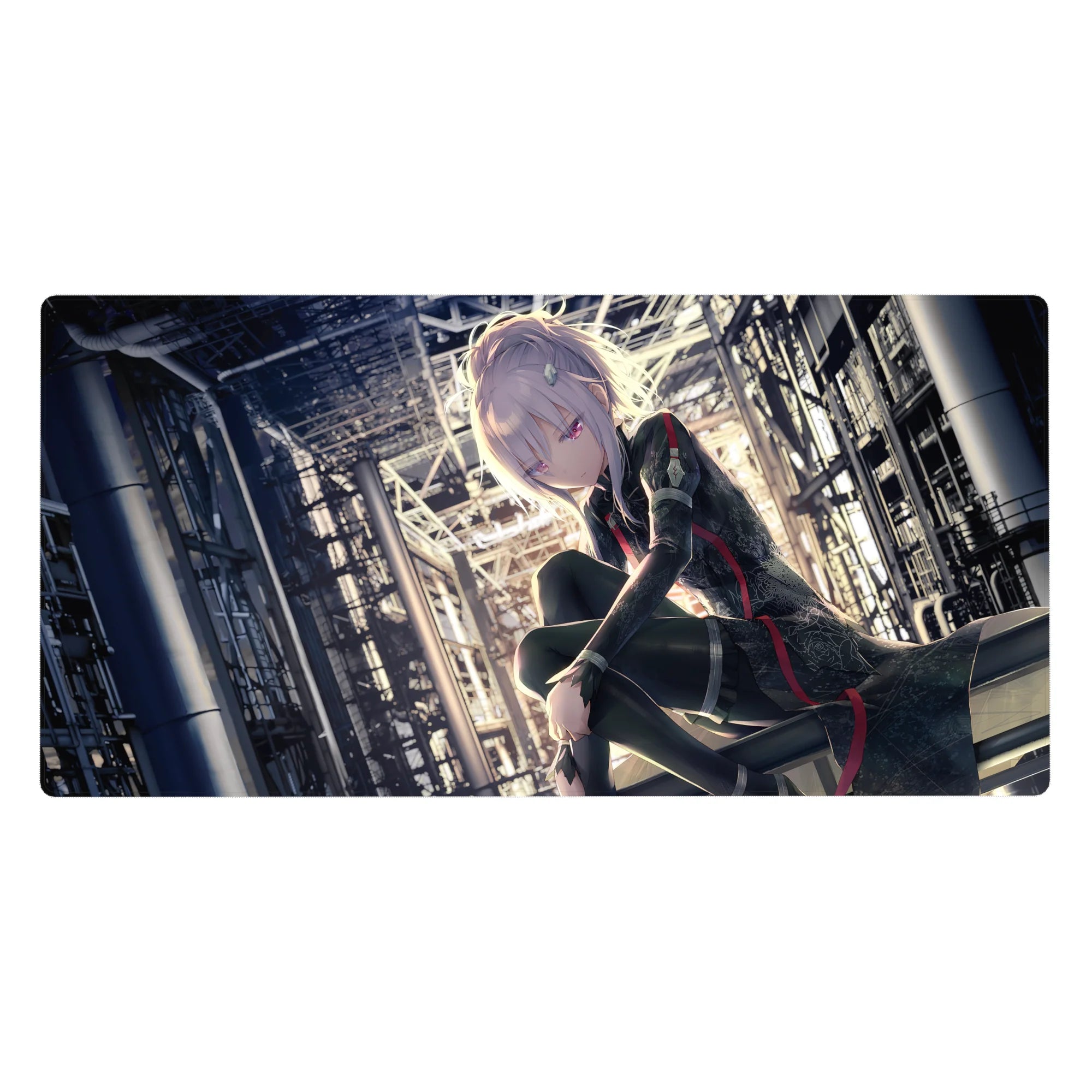 Anime girl desk pad 40x20 inches with cyber-noir industrial skyline, crisp lines, and shadowy depth.