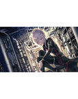 Anime girl desk pad 40x20 inches with cyber-noir industrial skyline, crisp lines, and shadowy depth.