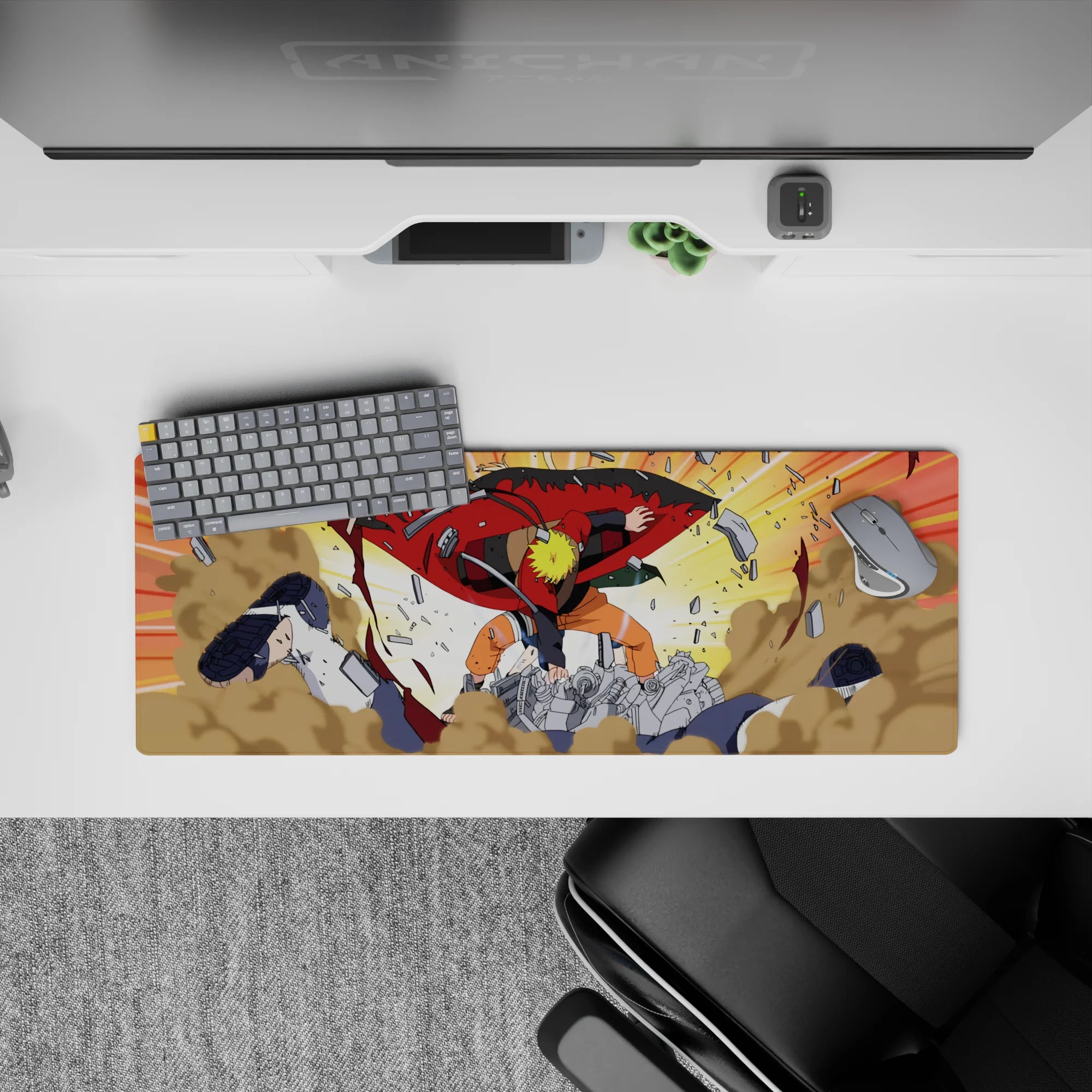 Naruto Sage Mode mouse pad, 32x12 inches, shows Naruto slamming Pain with intense energy, vibrant colors of orange and yellow.