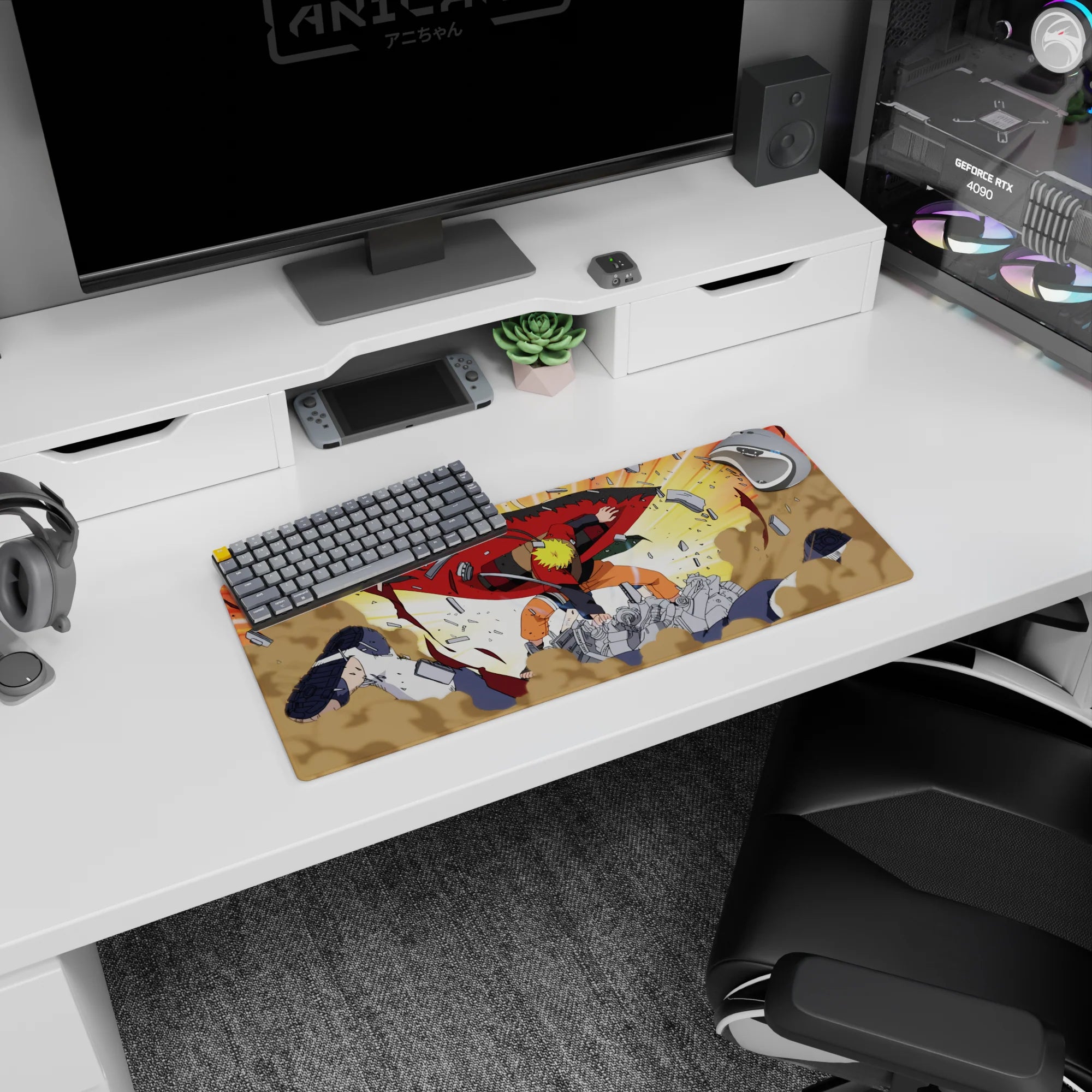 Anime mouse pad 28x12 inches featuring Naruto in Sage Mode, slamming Pain with explosive energy and vivid colors.