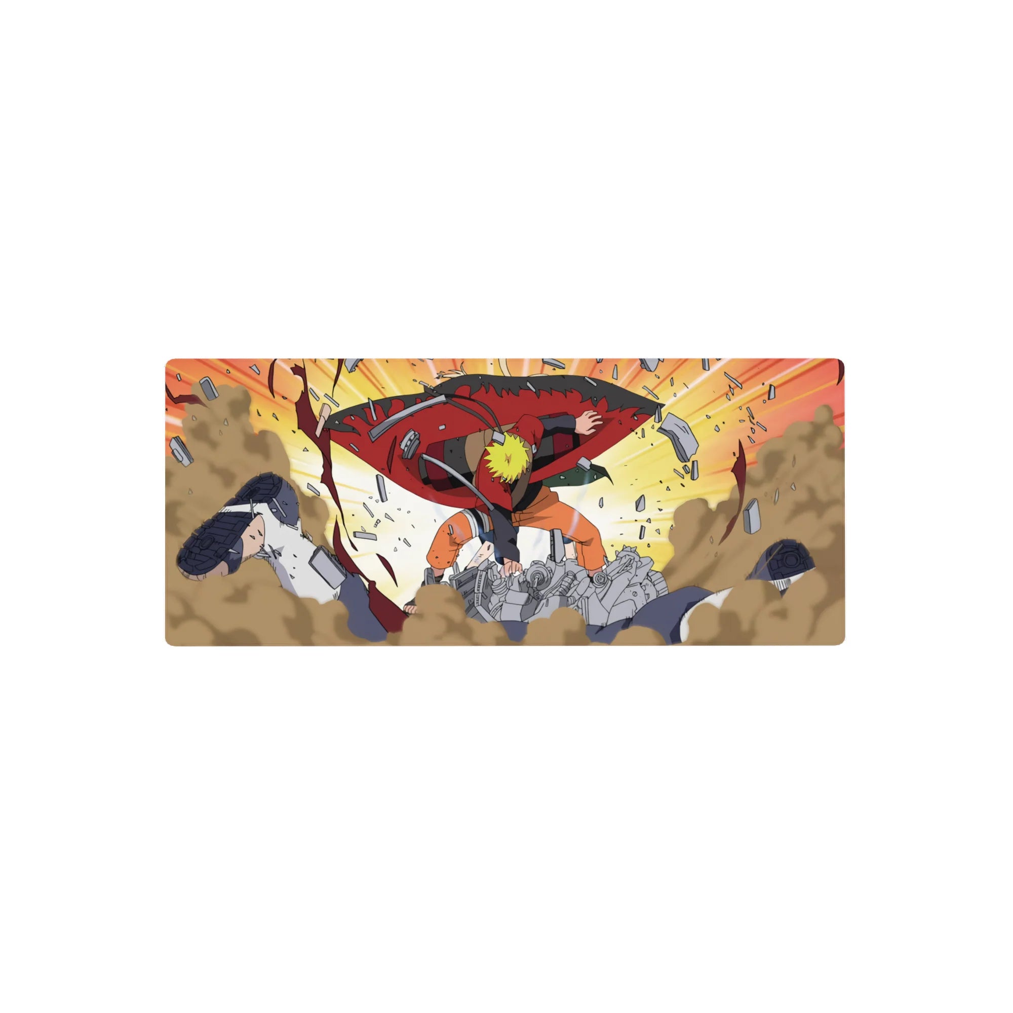 Naruto anime mouse pad 28x12 inches featuring Sage Mode Naruto defeating Pain, vibrant orange, yellow, and gray colors.