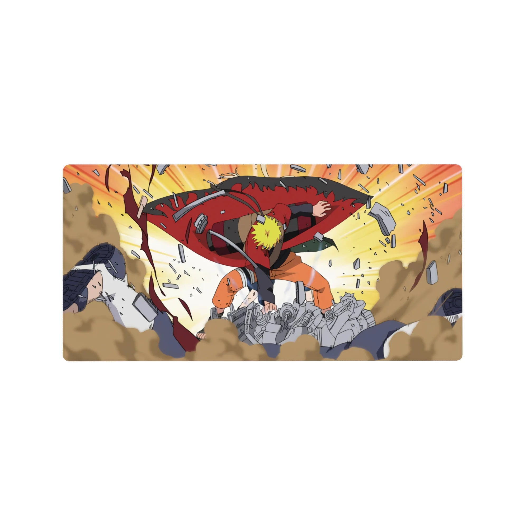 Anime mouse pad 32x16 inches featuring Naruto in Sage Mode battling Pain, vivid colors, dynamic, and energetic scene.