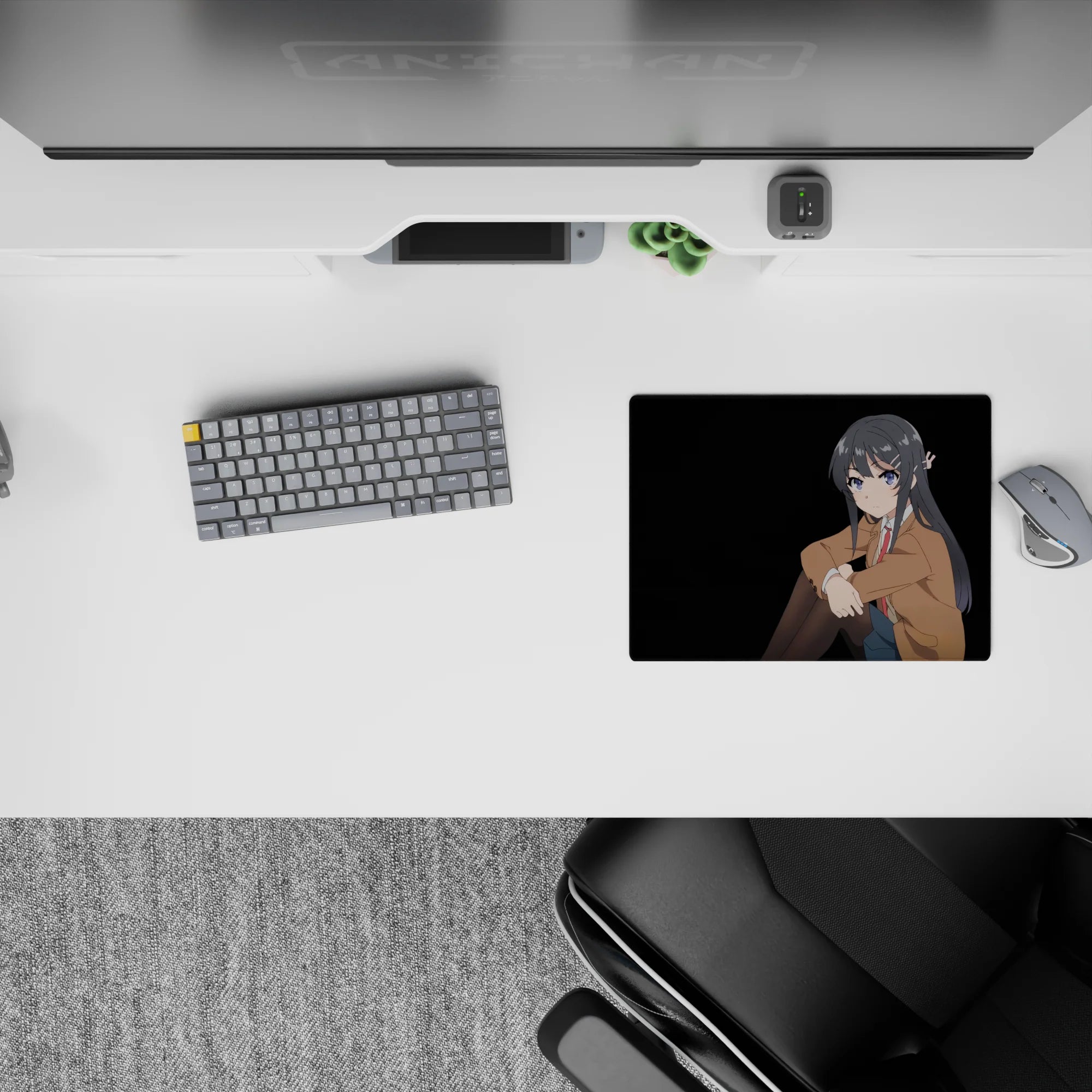 Cozy dramatic anime mouse pad 14x10 inches in soft browns, inky black hair, and cool blue eyes.