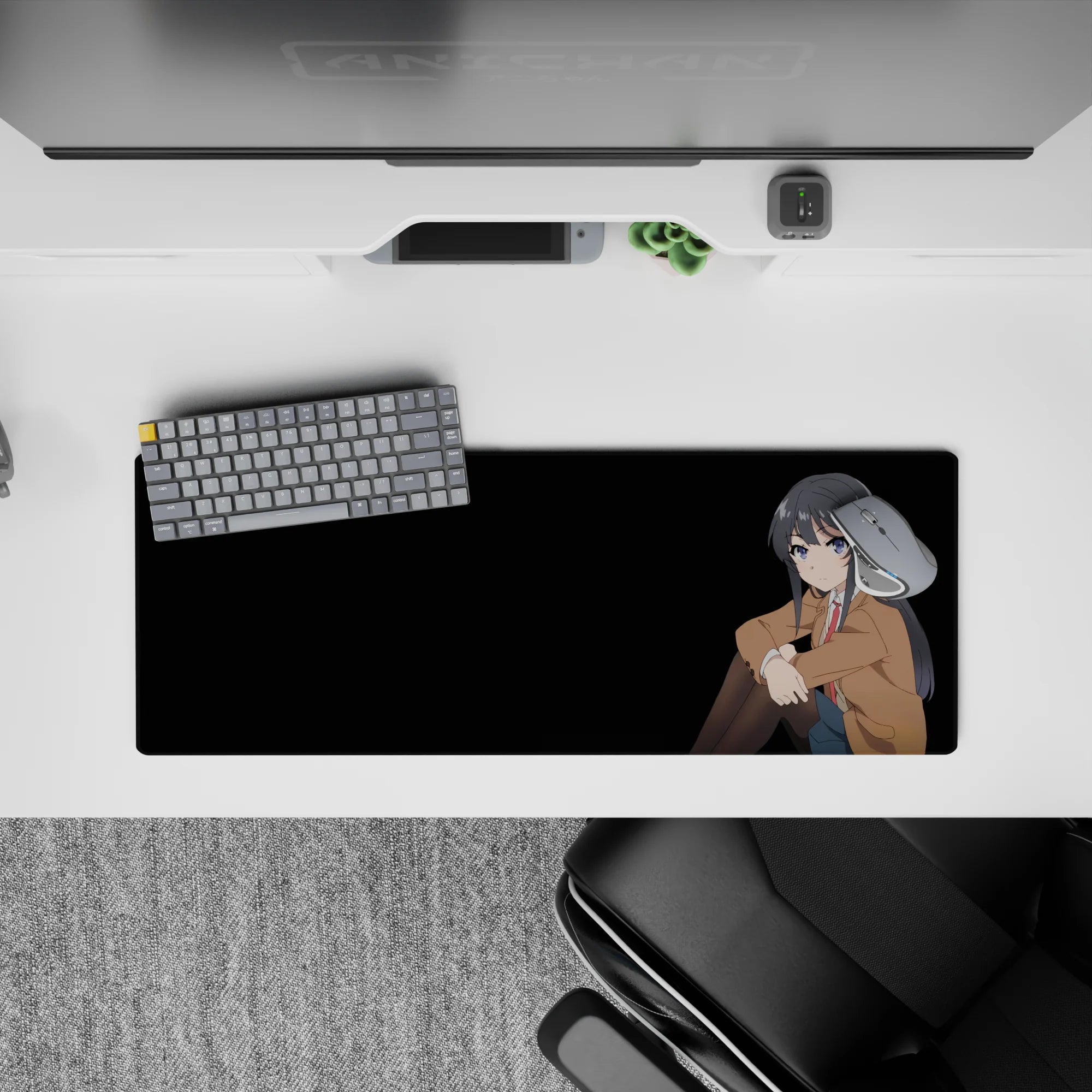 32x12 inches anime girl mouse pad in soft browns with inky hair and cool blue eyes, cozy dramatic vibe.