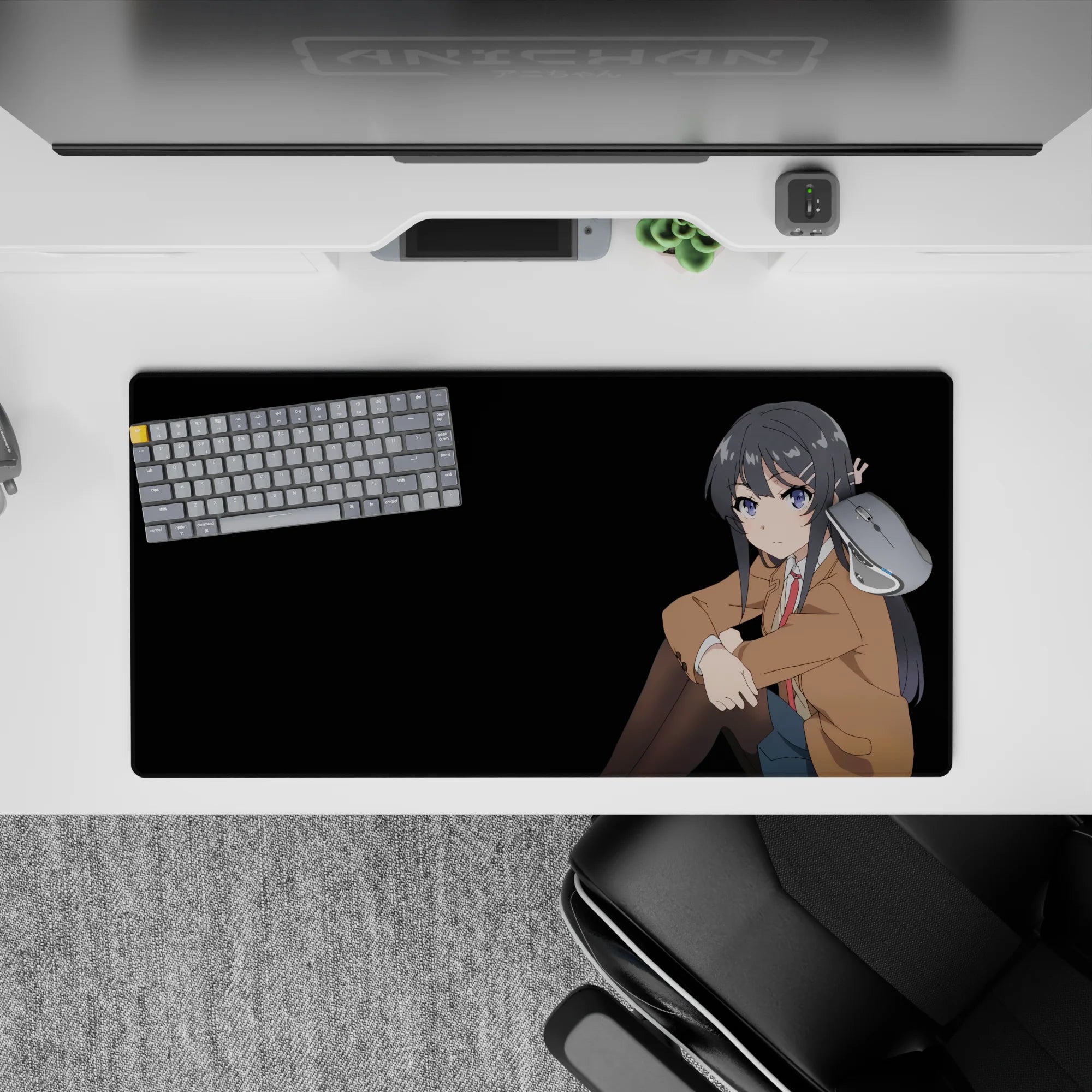 32x16 inches mouse pad in soft browns with inky hair and cool blue eyes, cozy yet dramatic anime desk accessory.