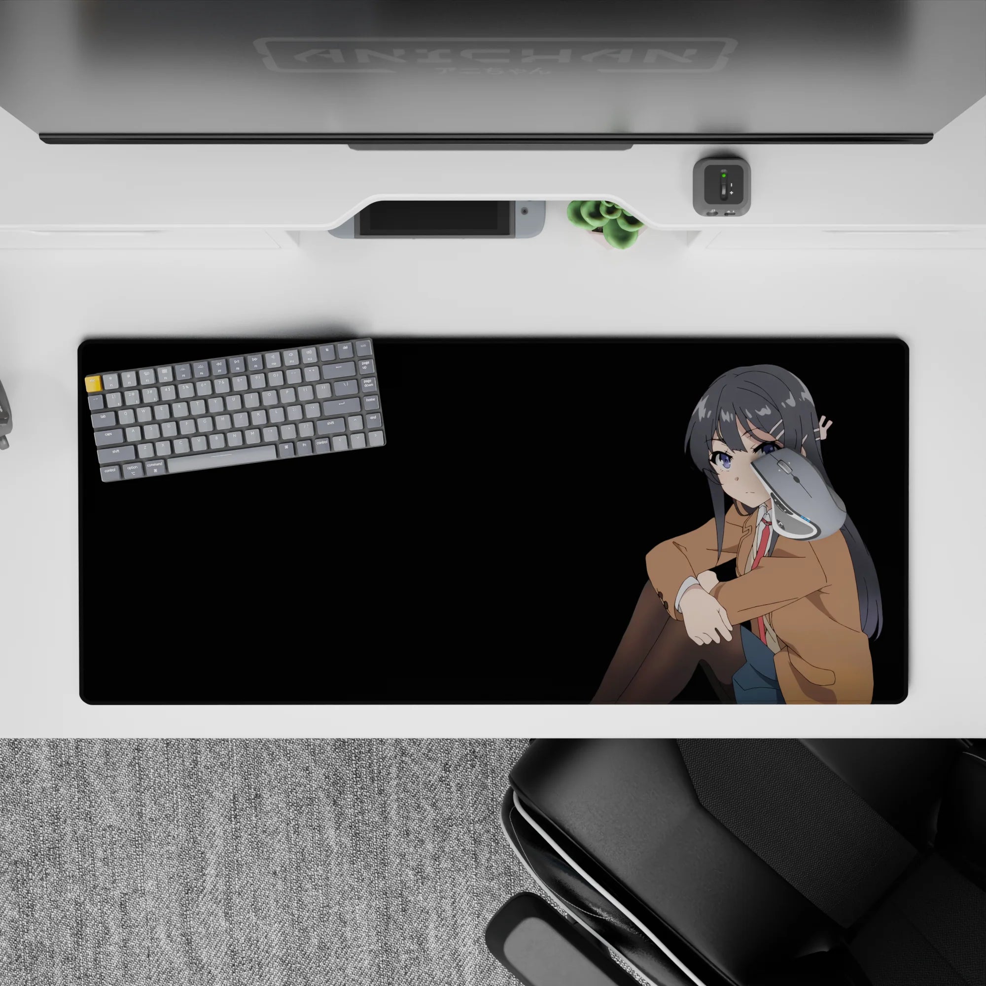 Cozy dramatic 36x16 inches anime desk pad in soft browns, inky hair, and cool blue eyes on black.