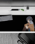 Cozy dramatic 36x16 inches anime desk pad in soft browns, inky hair, and cool blue eyes on black.