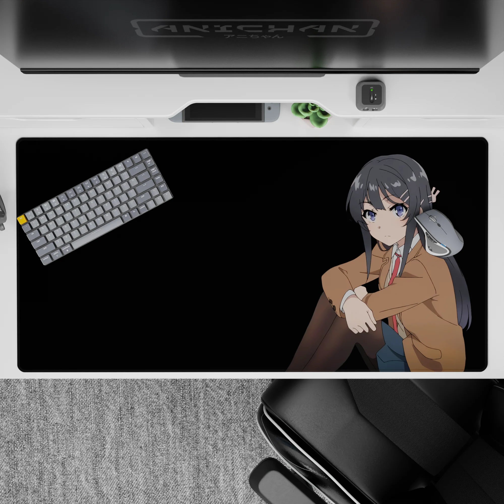 40x20 inches anime desk pad in soft browns and inky black hair with cool blue eyes, cozy dramatic mood.