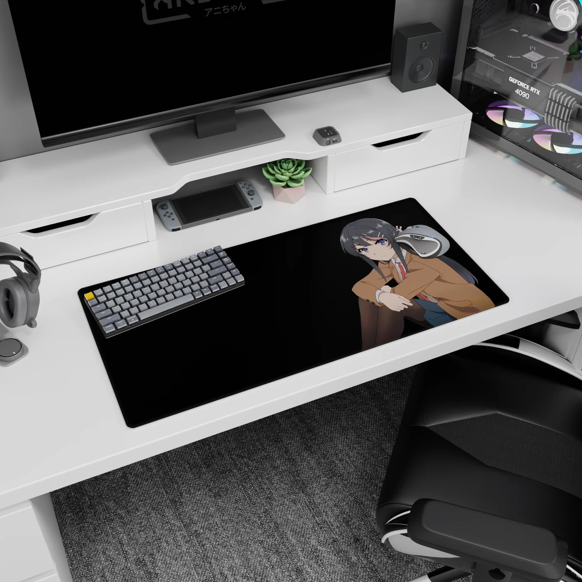 32x16 inches Rascal Does Not Dream of Bunny Girl Senpai mouse pad showing Mai’s quiet stubborn stare for late-night gaming.