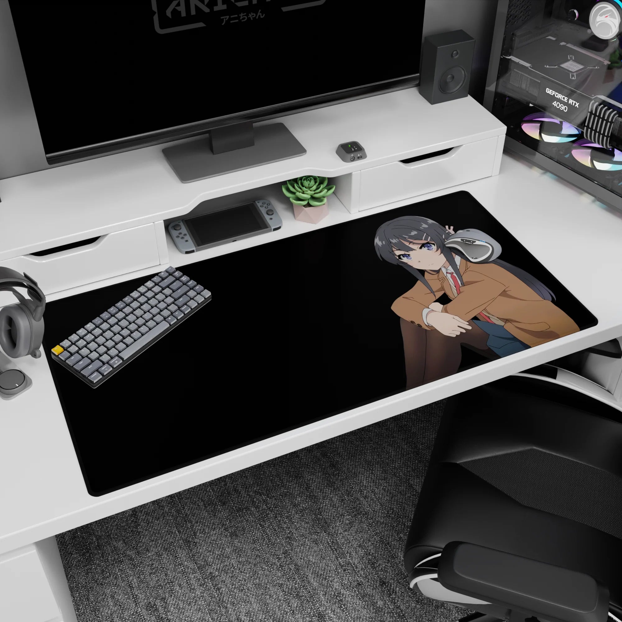 40x20 inches Rascal Does Not Dream of Bunny Girl Senpai desk pad featuring Mai’s quiet, stubborn stare.