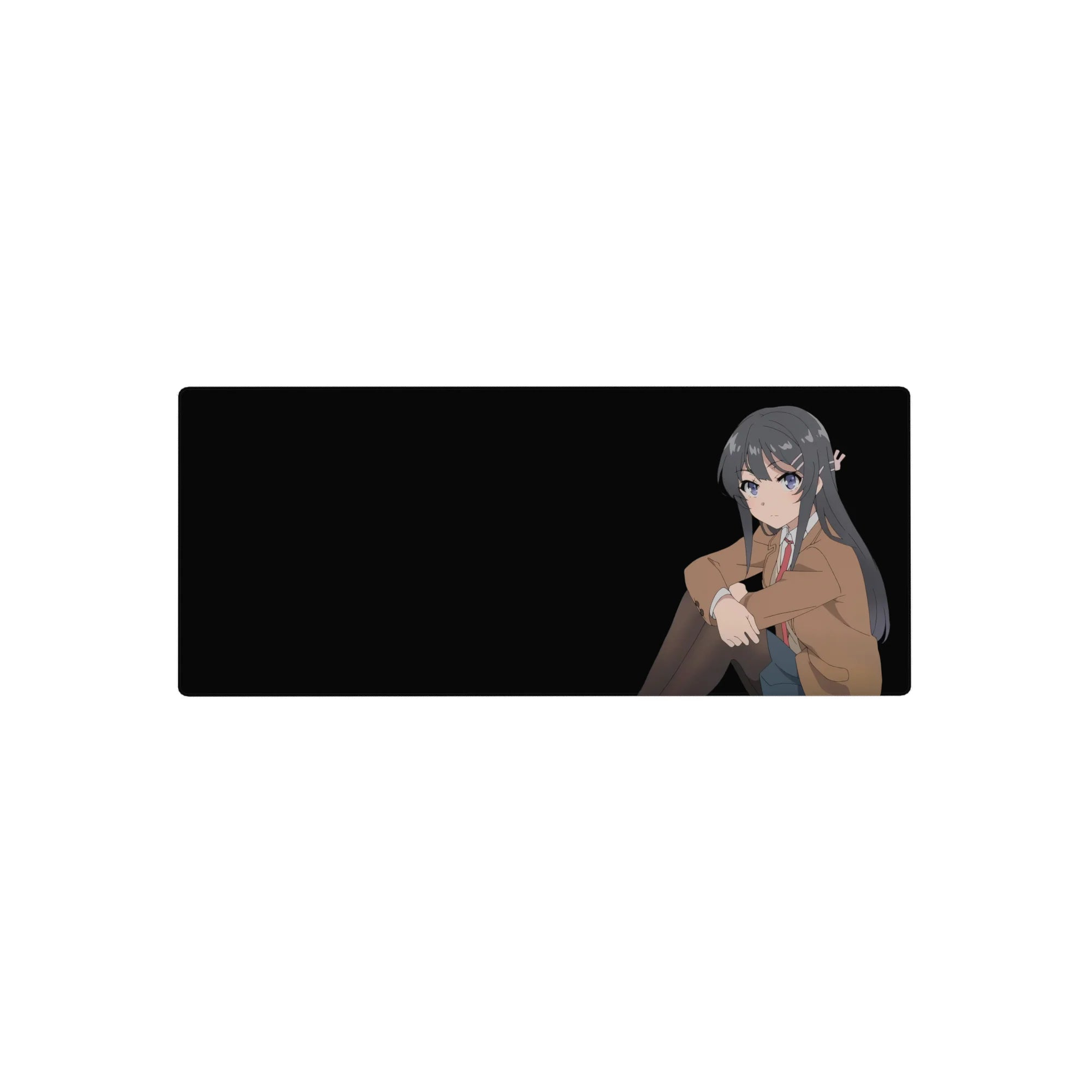 28x12 inches anime girl mouse pad with clean minimal art, deep black backdrop, and modern desk style.