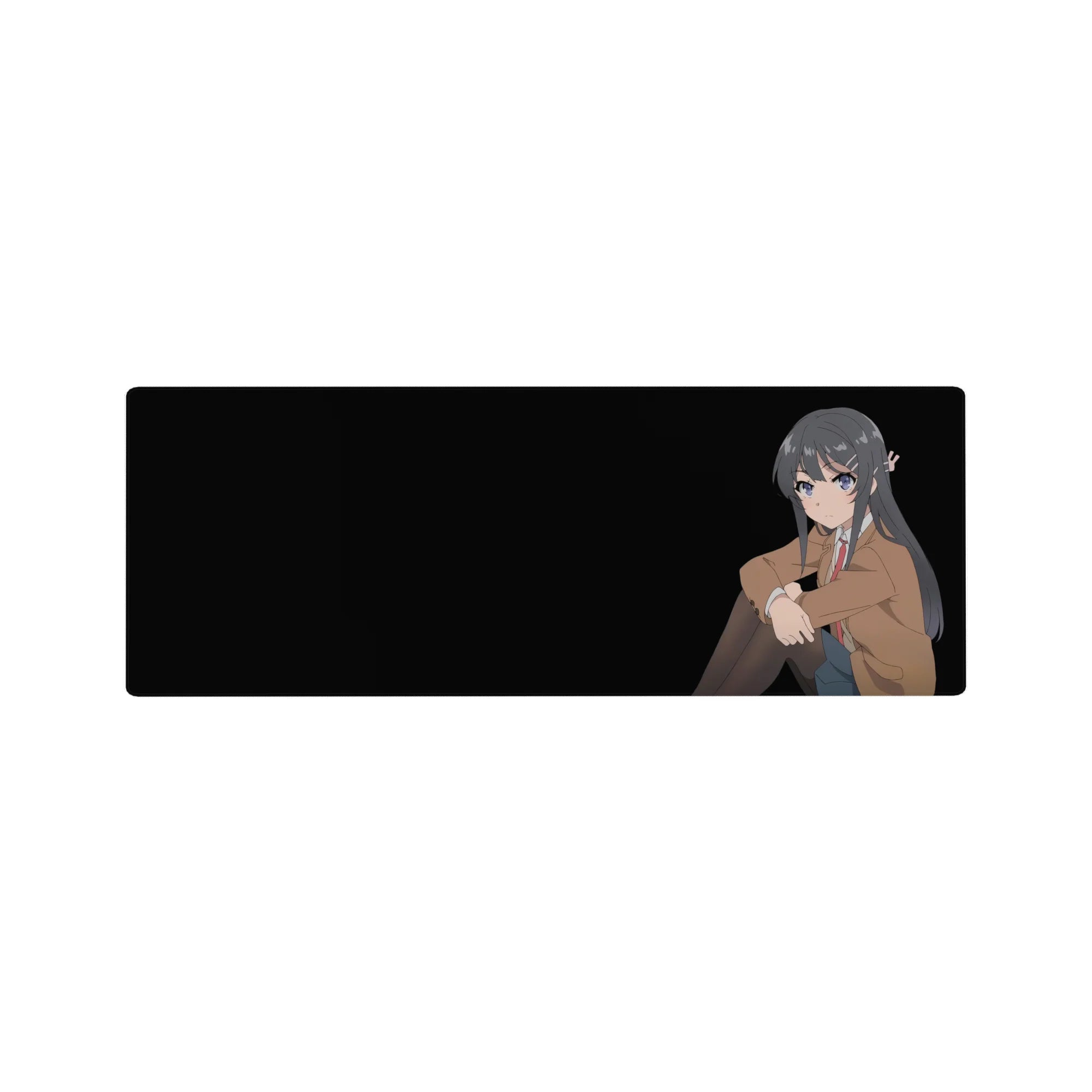 32x12 inches anime girl mouse pad with Mai Sakurajima on a deep black background, clean minimal desk mat.