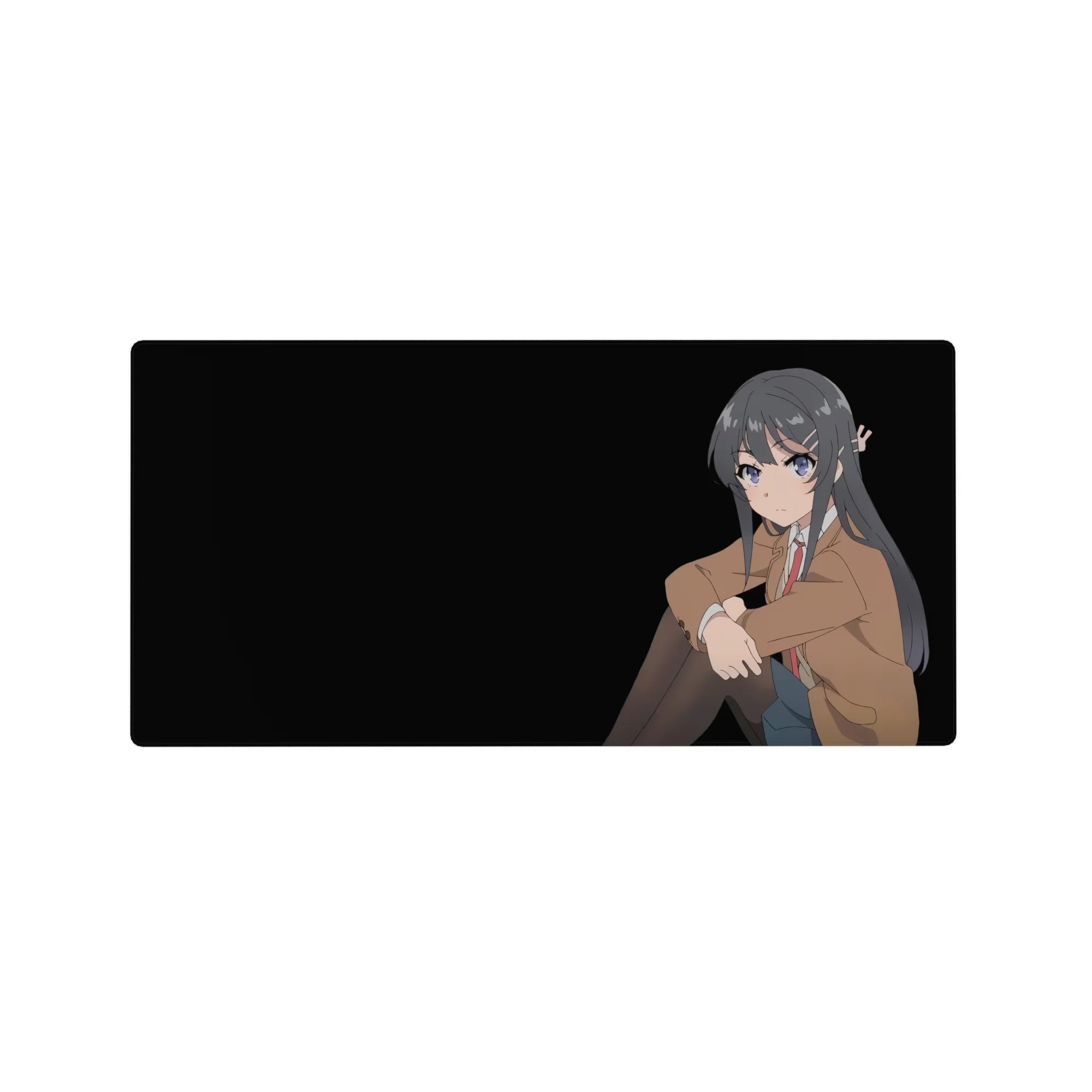 32x16 inches anime girl mouse pad with Mai Sakurajima portrait on a deep black background, clean minimalist desk mat.