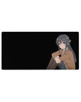 32x16 inches anime girl mouse pad with Mai Sakurajima portrait on a deep black background, clean minimalist desk mat.