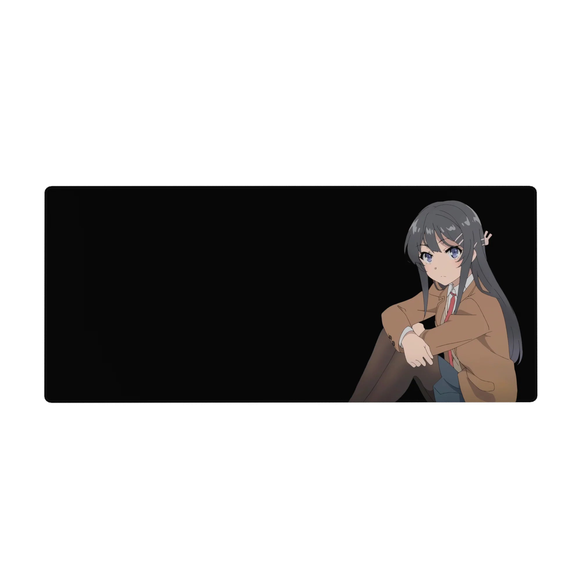 Anime girl desk pad 36x16 inches with clean minimal portrait on deep black background, modern mousepad.