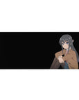 Anime girl desk pad 36x16 inches with clean minimal portrait on deep black background, modern mousepad.