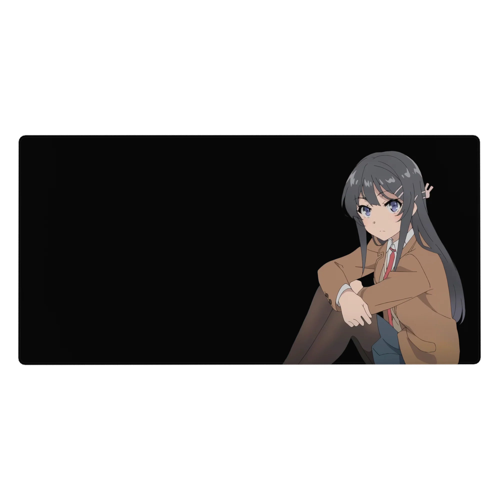 40x20 inches anime girl desk pad with Mai Sakurajima on a deep black background, clean minimal design.