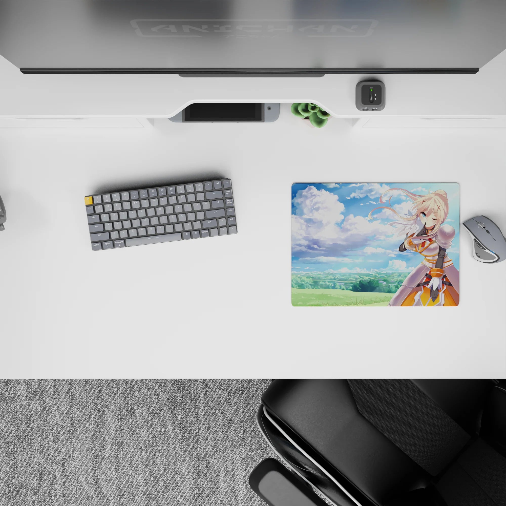 Darkness from Konosuba winks under a dreamy sky on a 14x10 inch anime mouse pad, blending watercolor clouds and armor details.