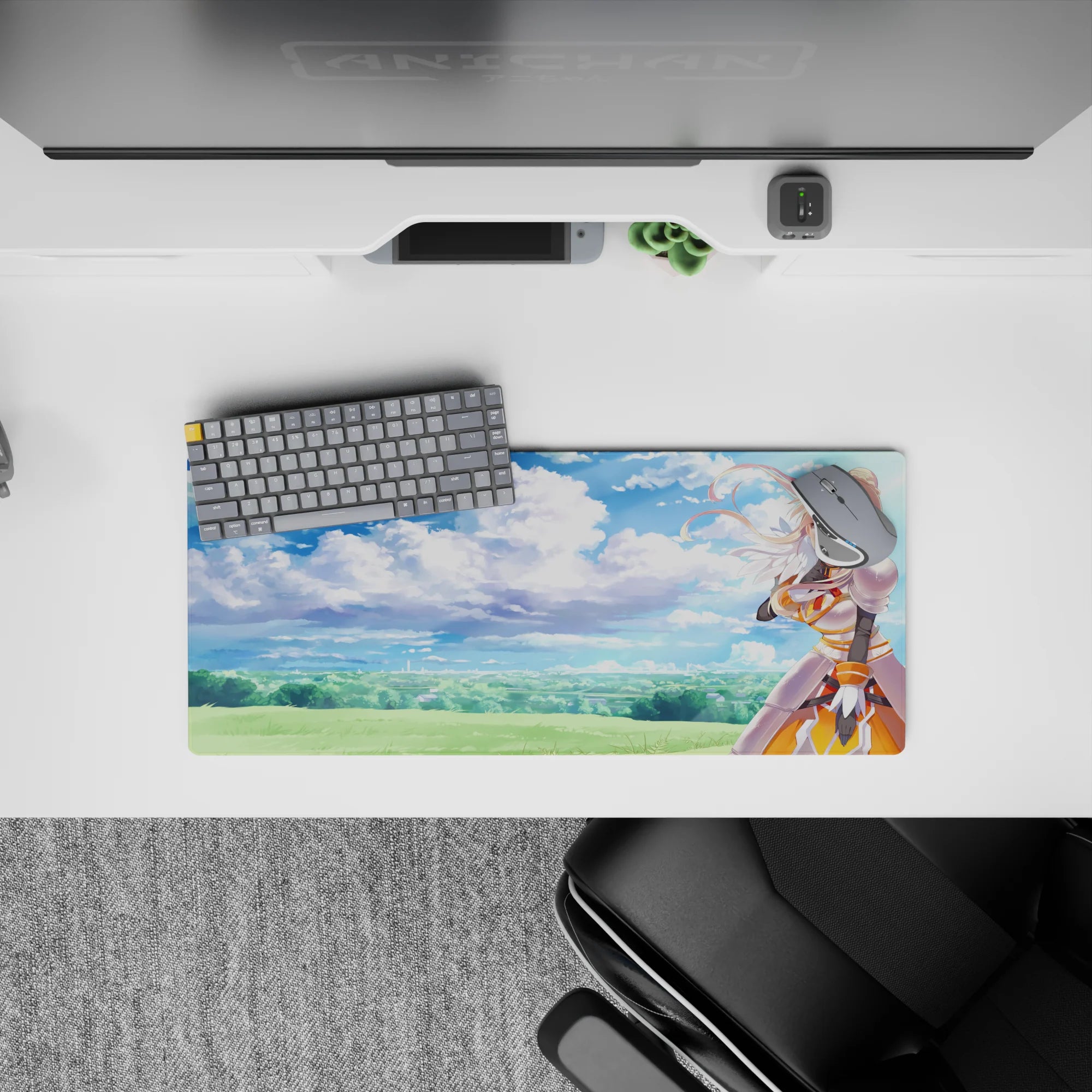 Darkness from Konosuba winks under a dreamy sky; 28x12 inch anime mouse pad with watercolor clouds and bold armor.