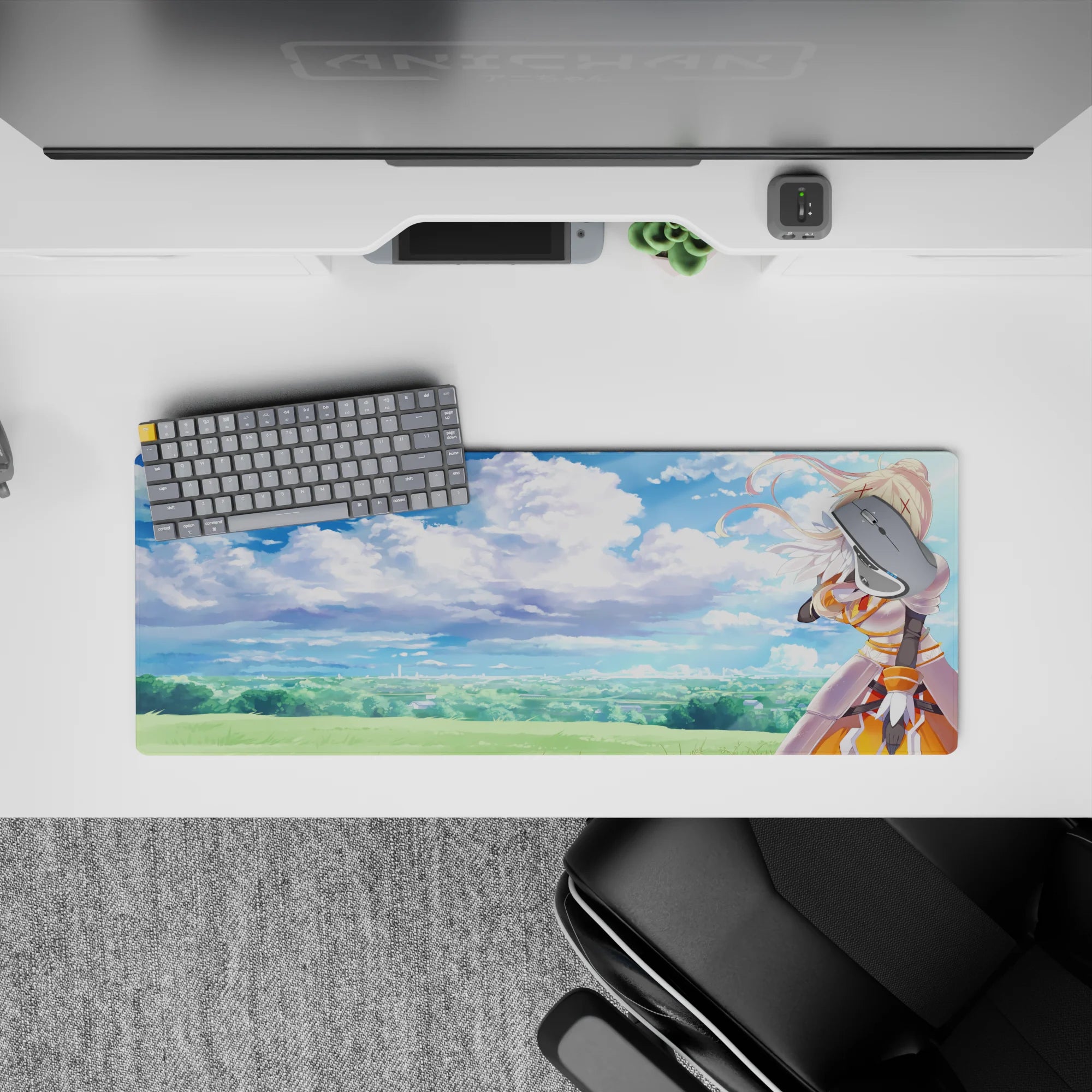 Darkness from Konosuba winks under a dreamy sky on this 32x12 inch anime mouse pad, mixing watercolor clouds and armor.