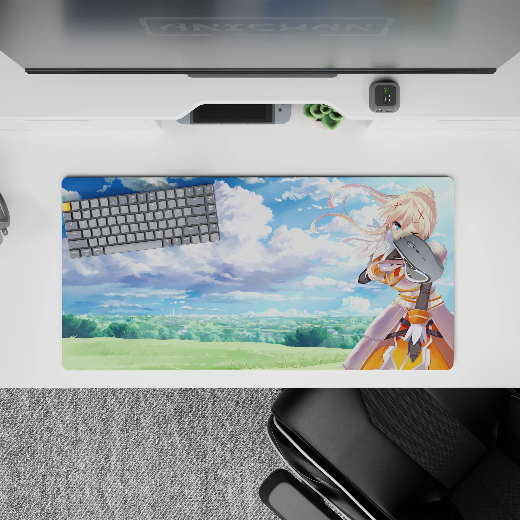 Darkness from Konosuba winks under a dreamy sky on a 32x16 inch anime mouse pad, blending clouds and armor detail.
