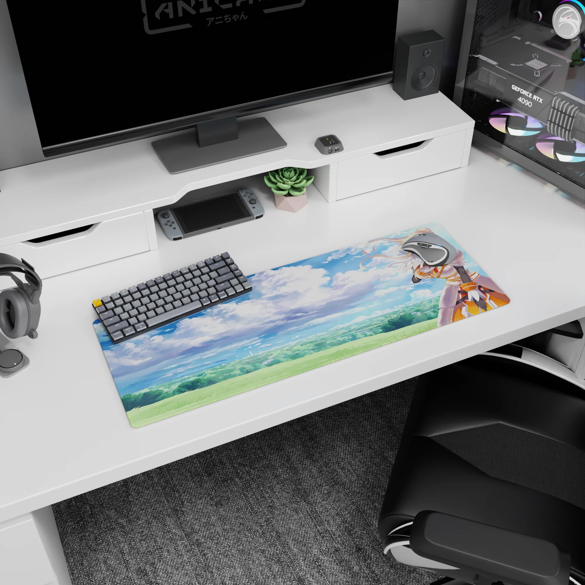 Darkness from Konosuba anime mouse pad, 32x12 inches, features her winking beneath a dreamy sky, blending clouds and armor details.