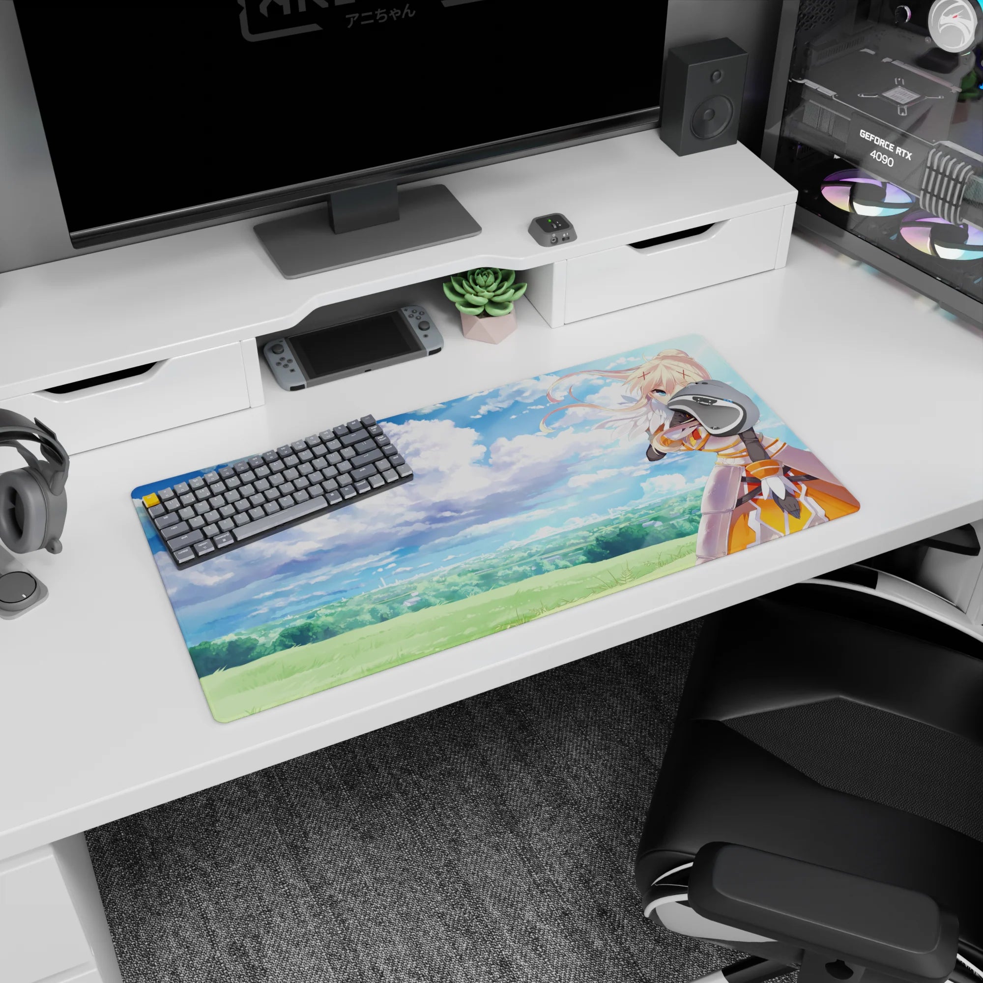 Darkness from Konosuba winks under a dreamy sky on a 32x16 inch anime mouse pad, blending watercolor clouds and armor.