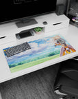 Darkness from Konosuba winks under a dreamy sky on a 32x16 inch anime mouse pad, blending watercolor clouds and armor.