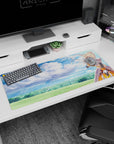 Darkness from Konosuba 36x16 inch desk pad with dreamy sky, watercolor clouds, and bold armor detail, anime mouse pad.