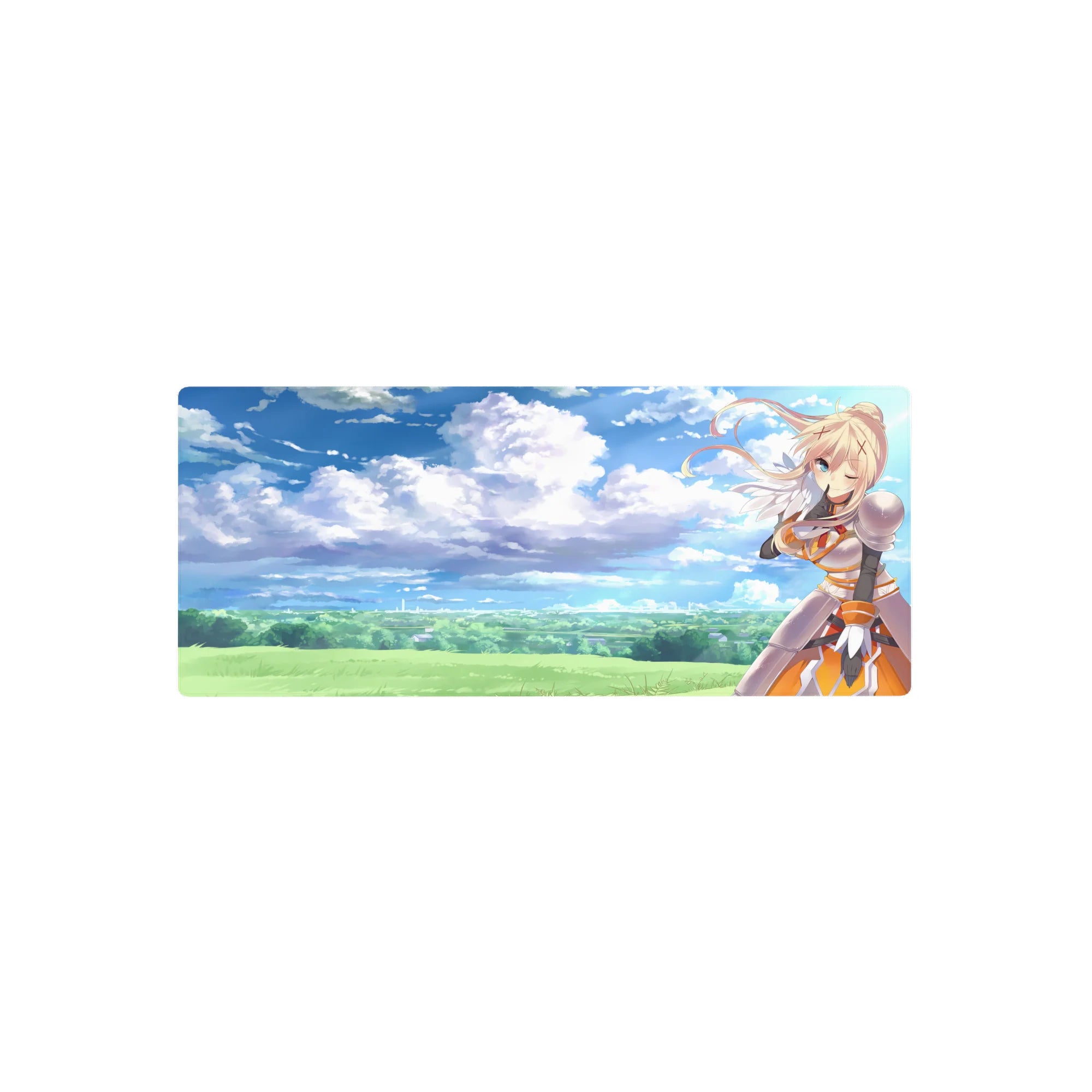 Mouse pad featuring Darkness from Konosuba, size 28x12 inches, winking under a dreamy sky with watercolor clouds and bold armor detail.