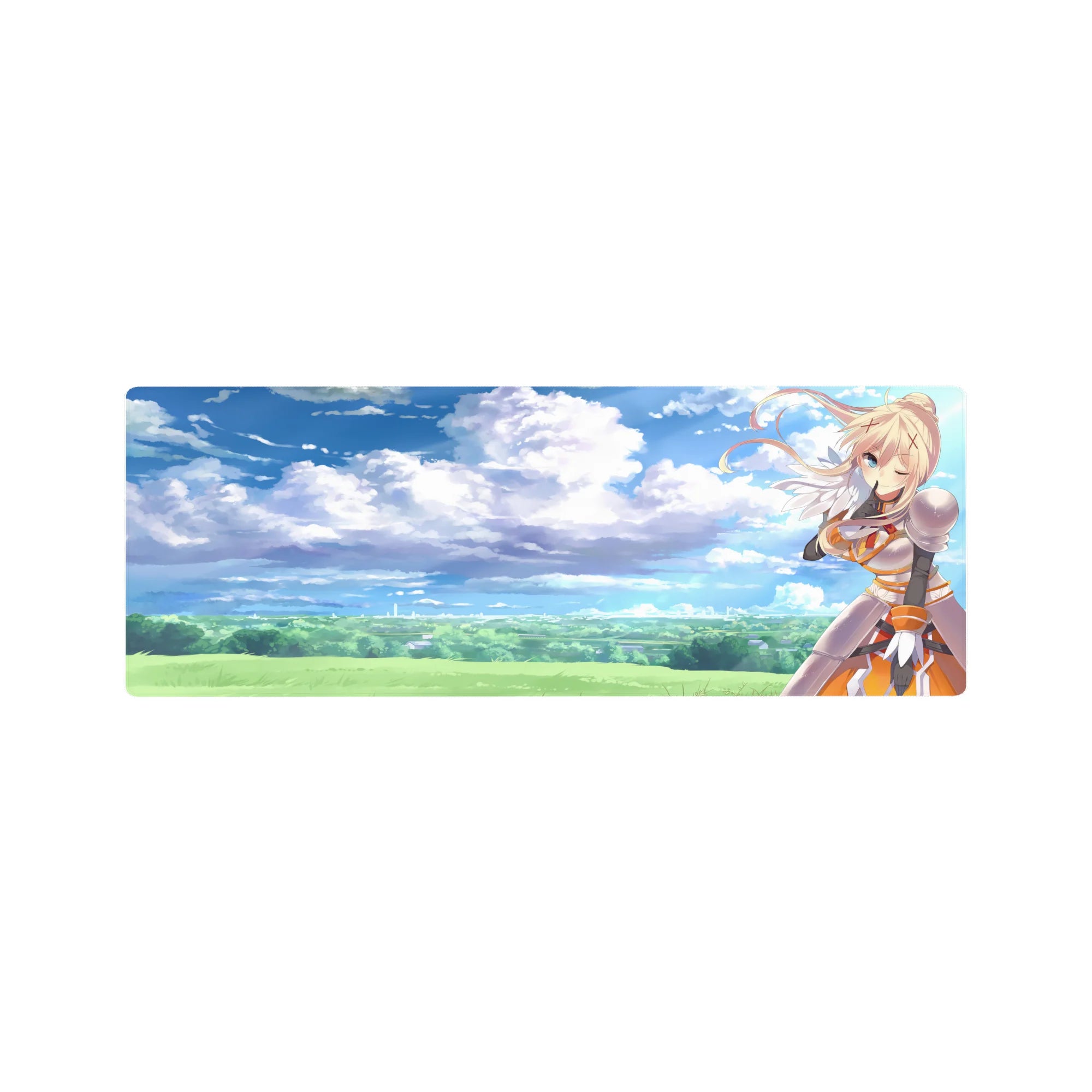 Darkness from Konosuba winks under a dreamy sky on a 32x12 inch anime mouse pad with watercolor clouds and bold armor.