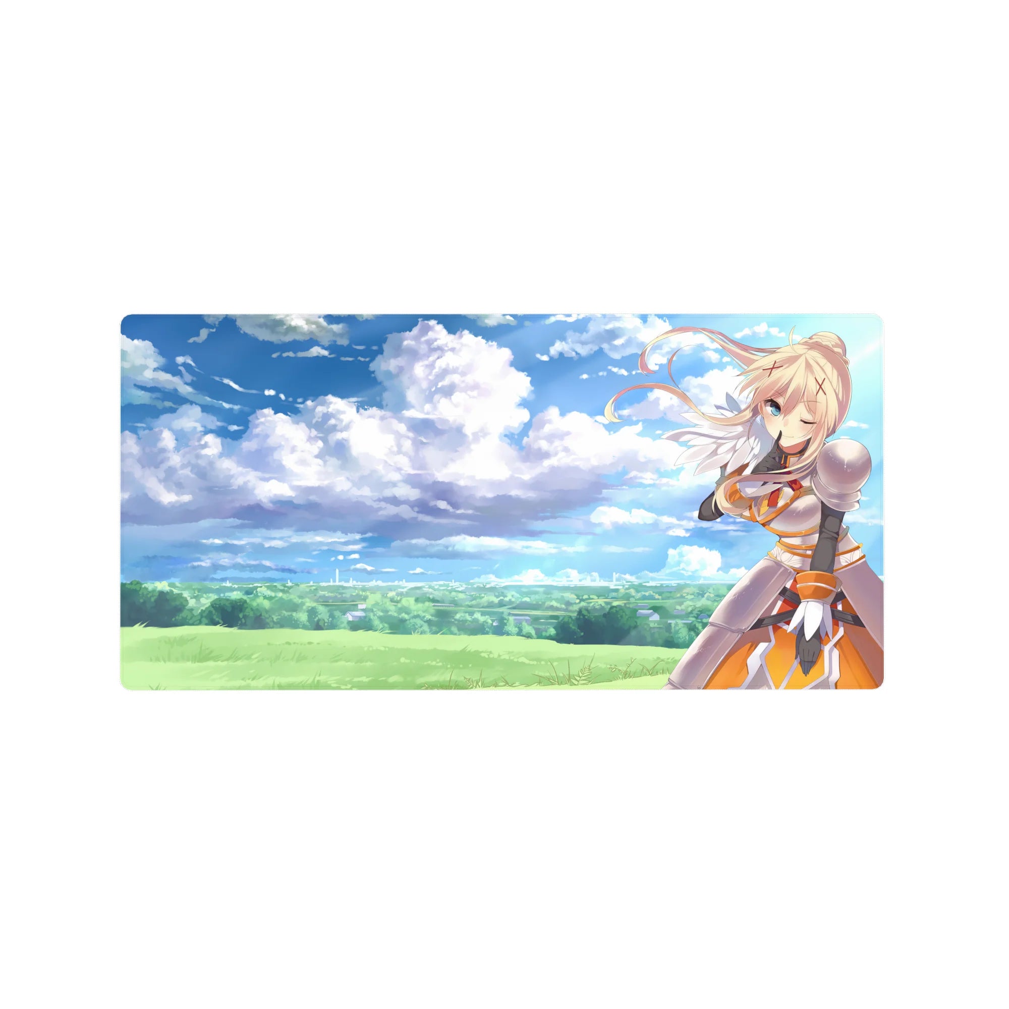 Darkness from Konosuba winks under a dreamy sky on a 32x16 inch anime mouse pad, blending watercolor clouds and bold armor.