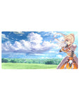 Darkness from Konosuba winks under a dreamy sky on a 32x16 inch anime mouse pad, blending watercolor clouds and bold armor.