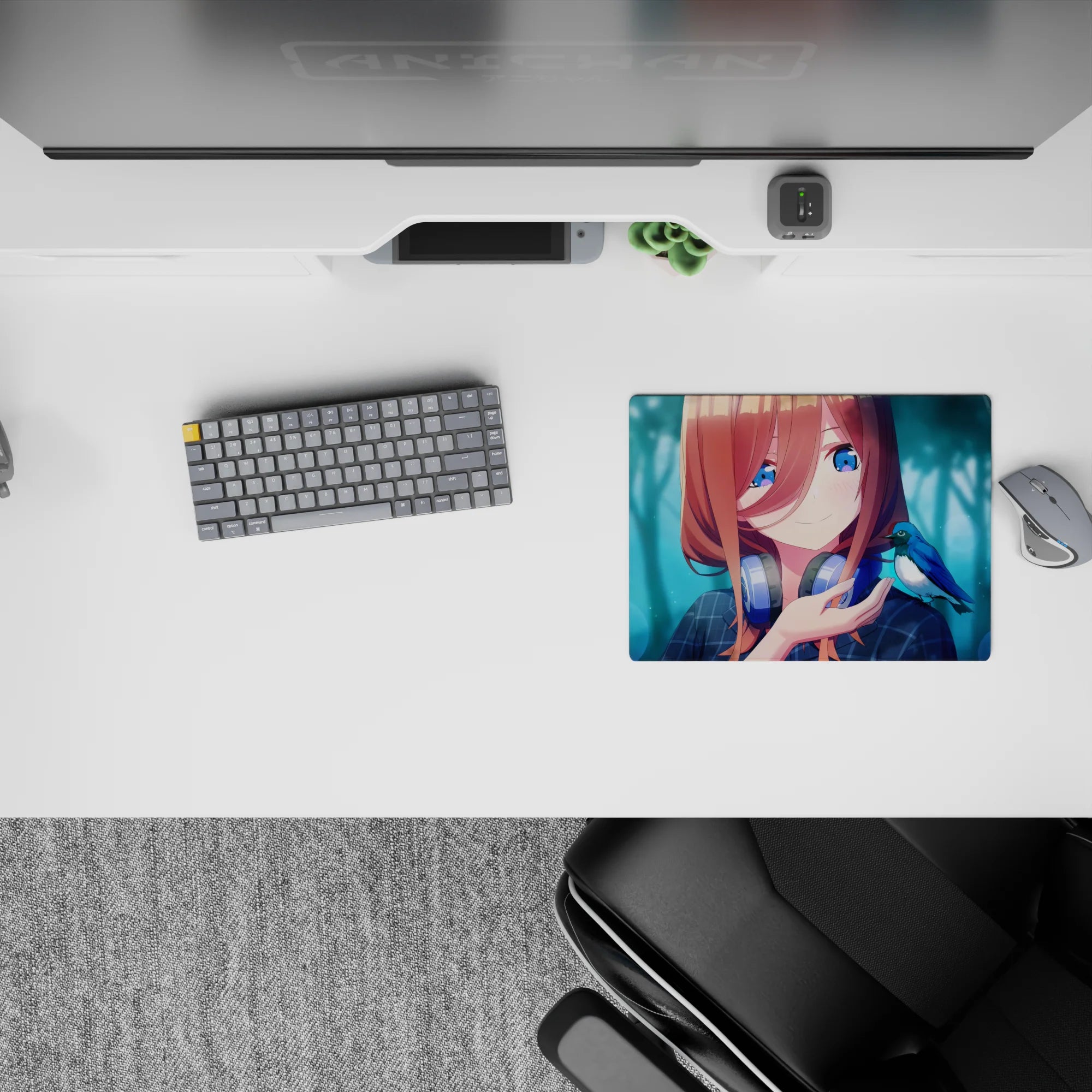 Teal mist and warm bokeh anime mouse pad 14x10 inches, copper hair, sapphire eyes, cozy vibe.