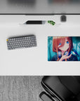 Teal mist and warm bokeh anime mouse pad 14x10 inches, copper hair, sapphire eyes, cozy vibe.