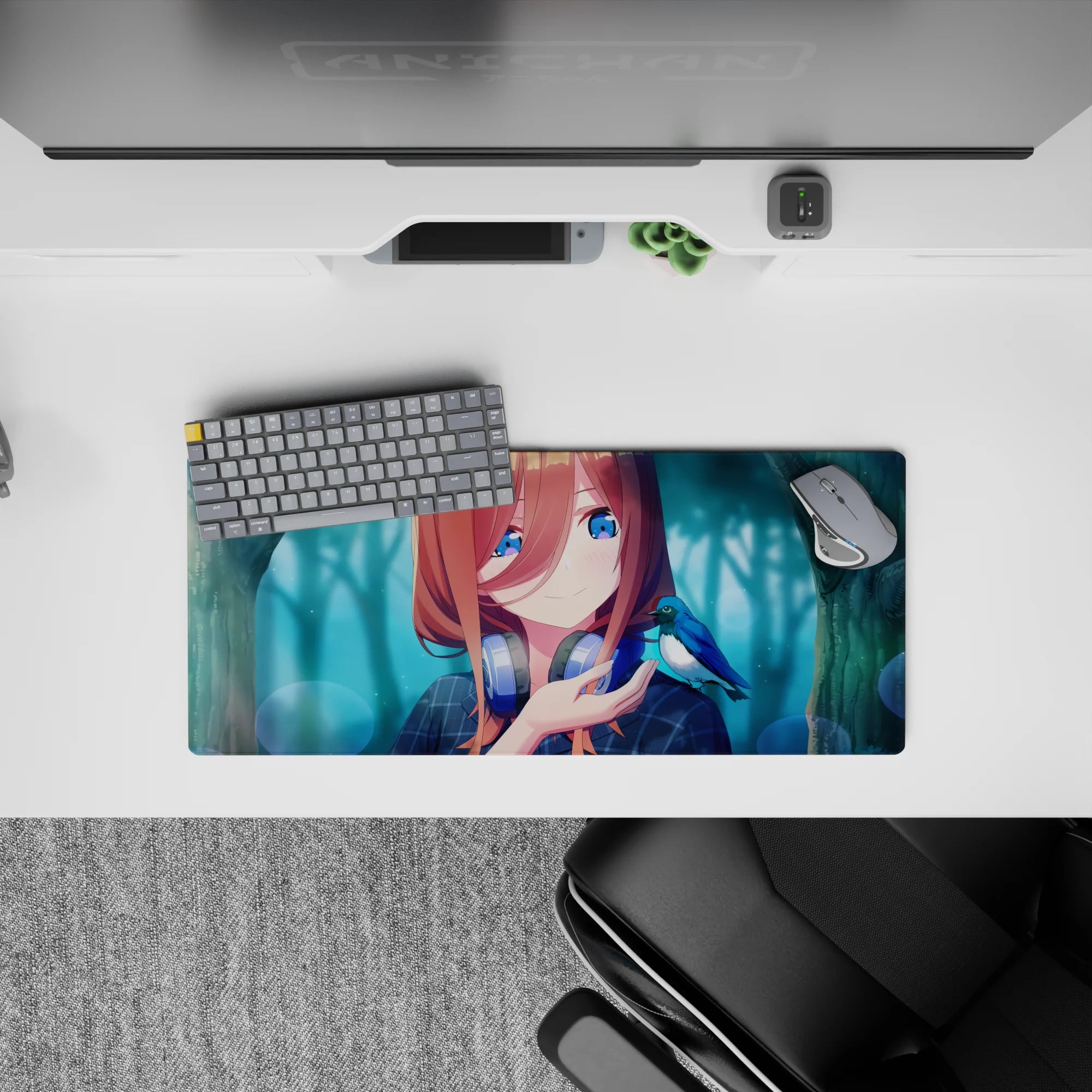 Teal mist anime girl mouse pad 28x12 inches, copper hair, sapphire eyes, gentle haze and cozy gamer mood.