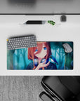 Teal mist anime girl mouse pad 28x12 inches, copper hair, sapphire eyes, gentle haze and cozy gamer mood.