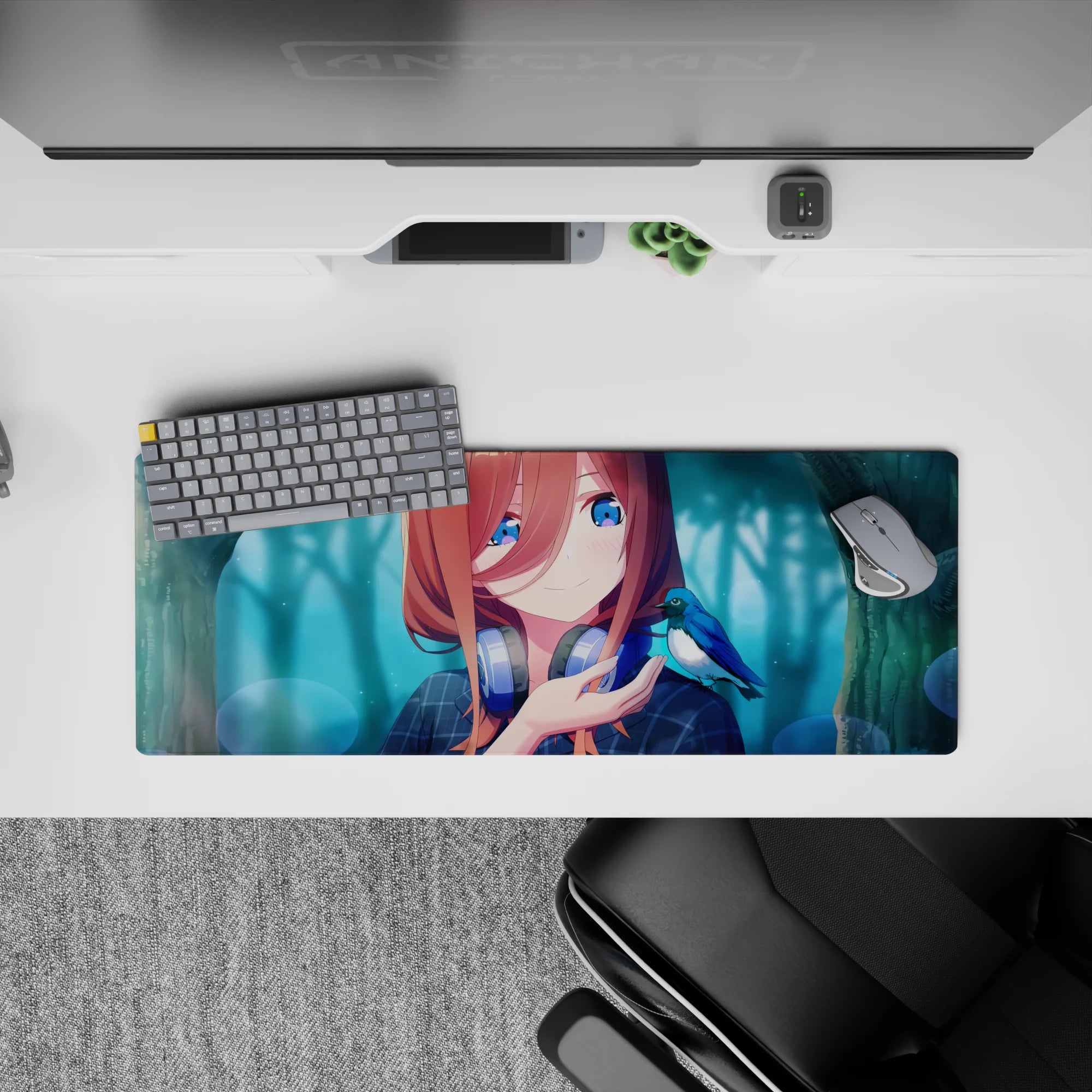 32x12 inches teal mist and bokeh anime mouse pad, copper hair, sapphire eyes, cozy gamer vibe.