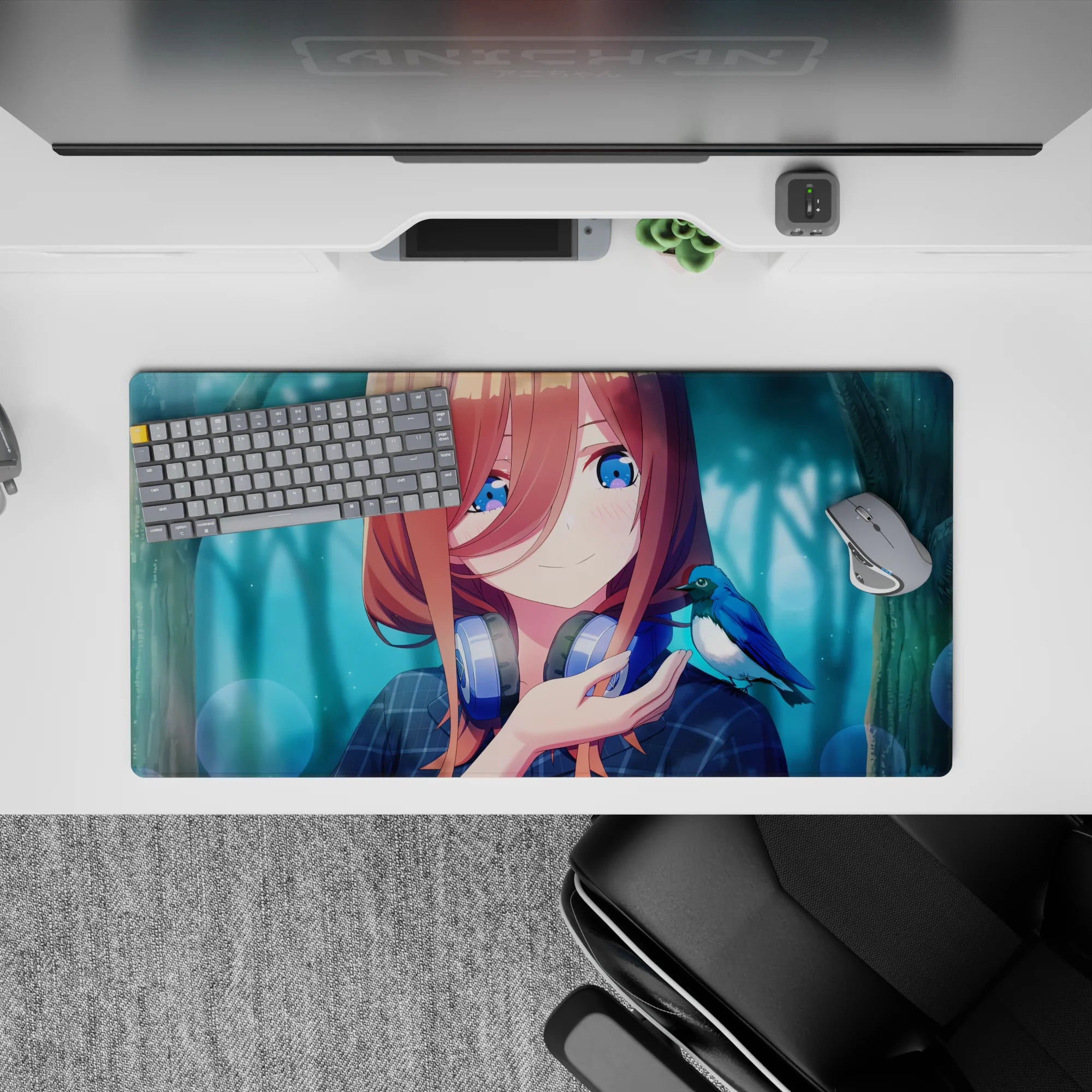 32x16 inches mouse pad in teal forest haze with soft bokeh glow and cozy gamer mood.
