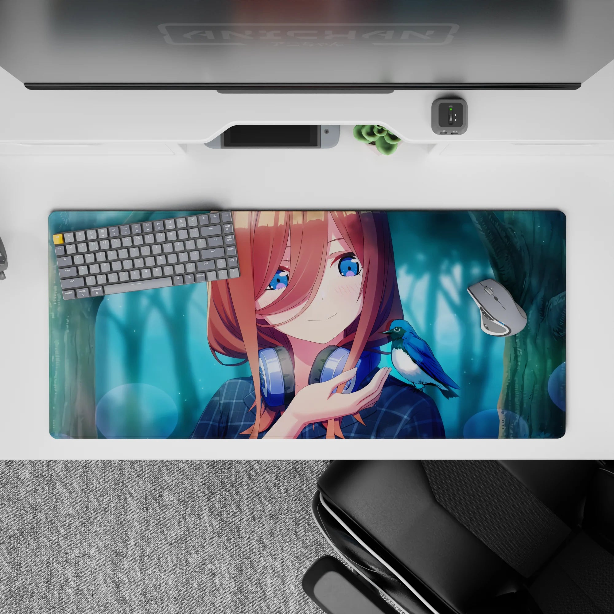 Teal mist and warm bokeh mood anime desk pad 36x16 inches, copper hair and sapphire eyes.