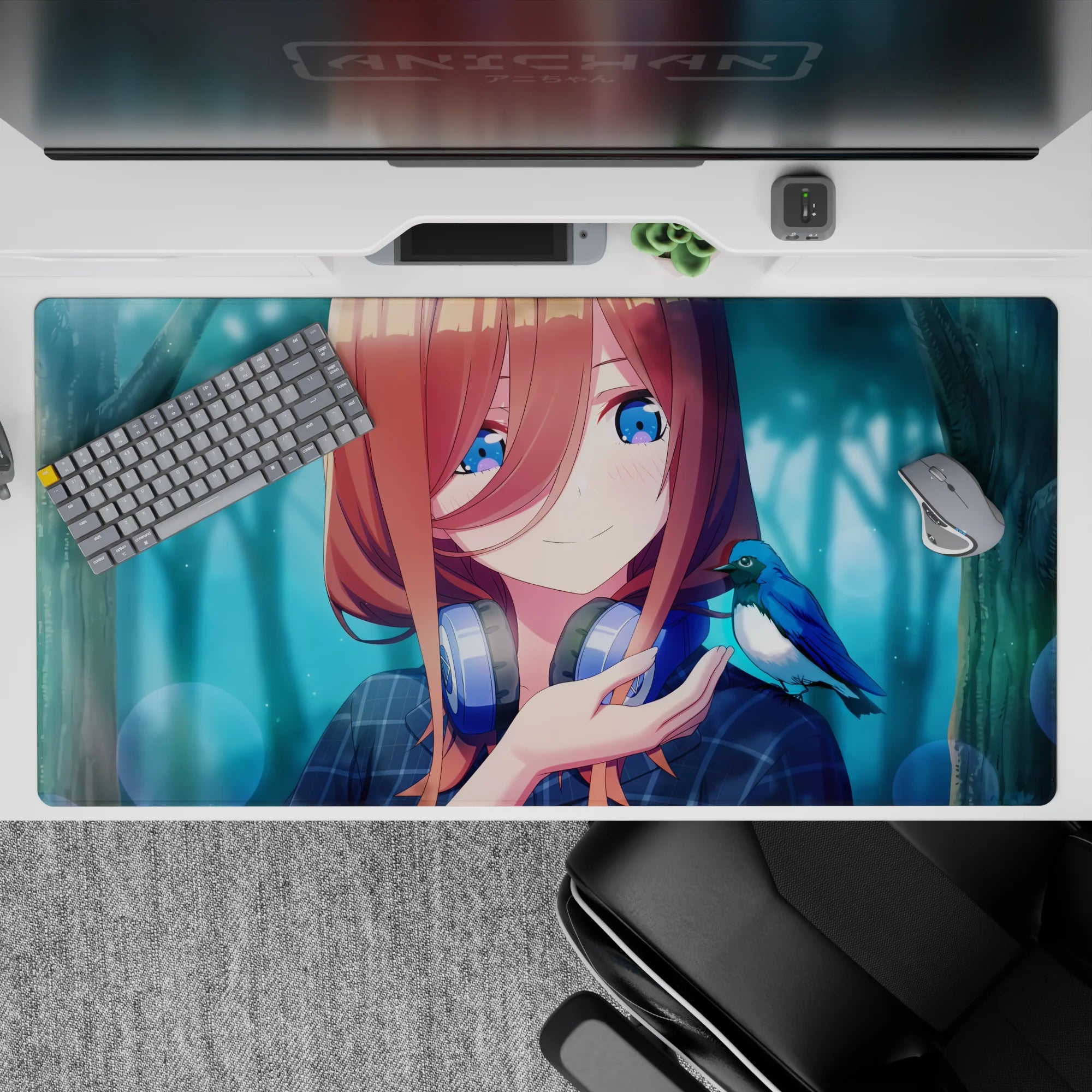 Teal mist and warm bokeh anime desk pad 40x20 inches, copper hair, sapphire eyes, cozy vibe.
