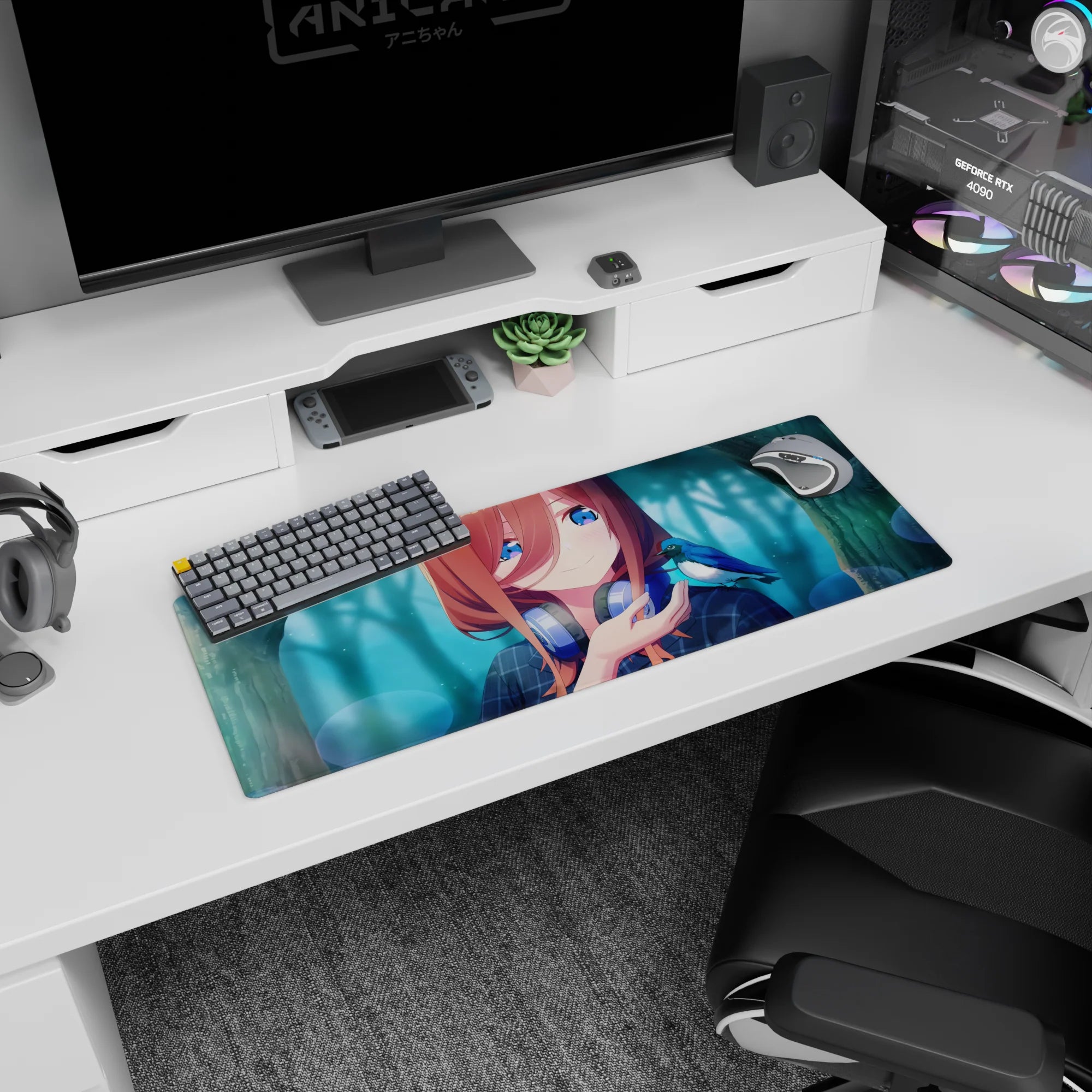 32x12 inches mouse pad showing anime girl greeting a tiny blue bird, calm pose, forest backdrop.