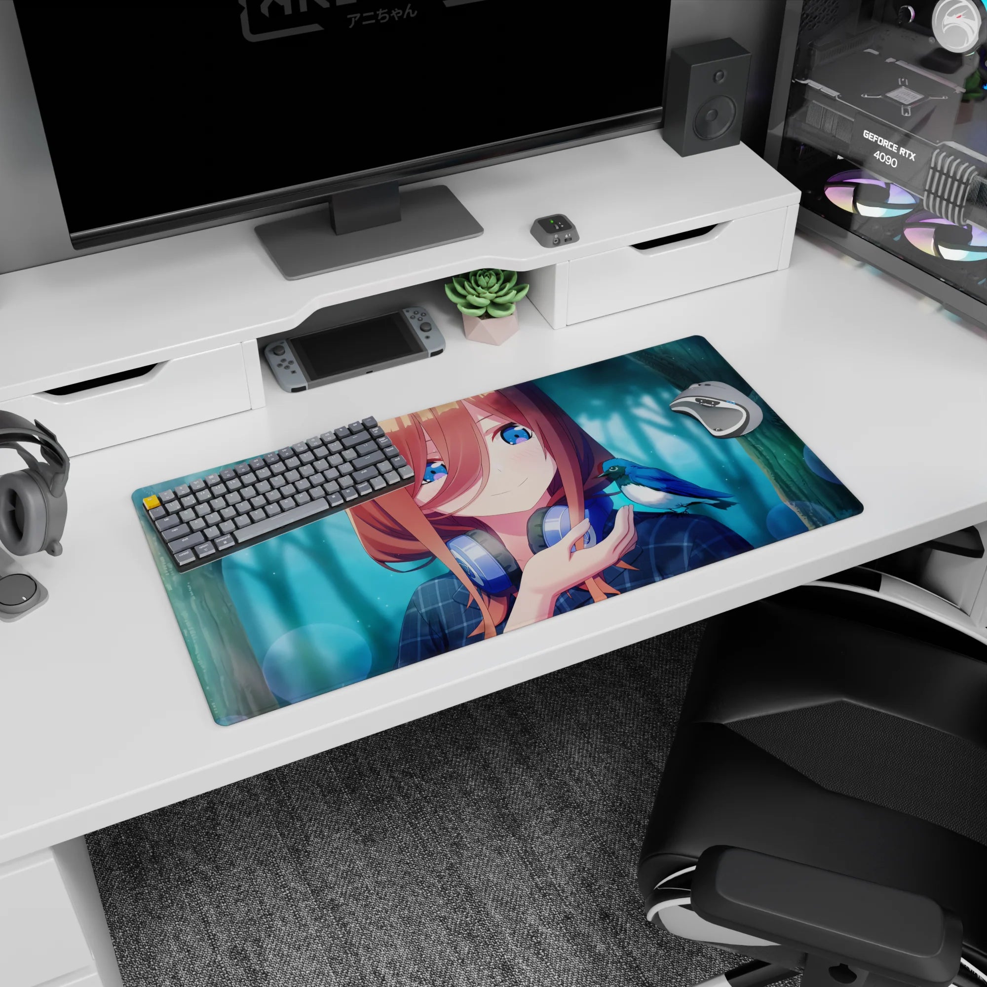32x16 inches anime mouse pad showing girl greeting a tiny blue bird, bright sapphire eyes.