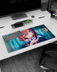 32x16 inches anime mouse pad showing girl greeting a tiny blue bird, bright sapphire eyes.