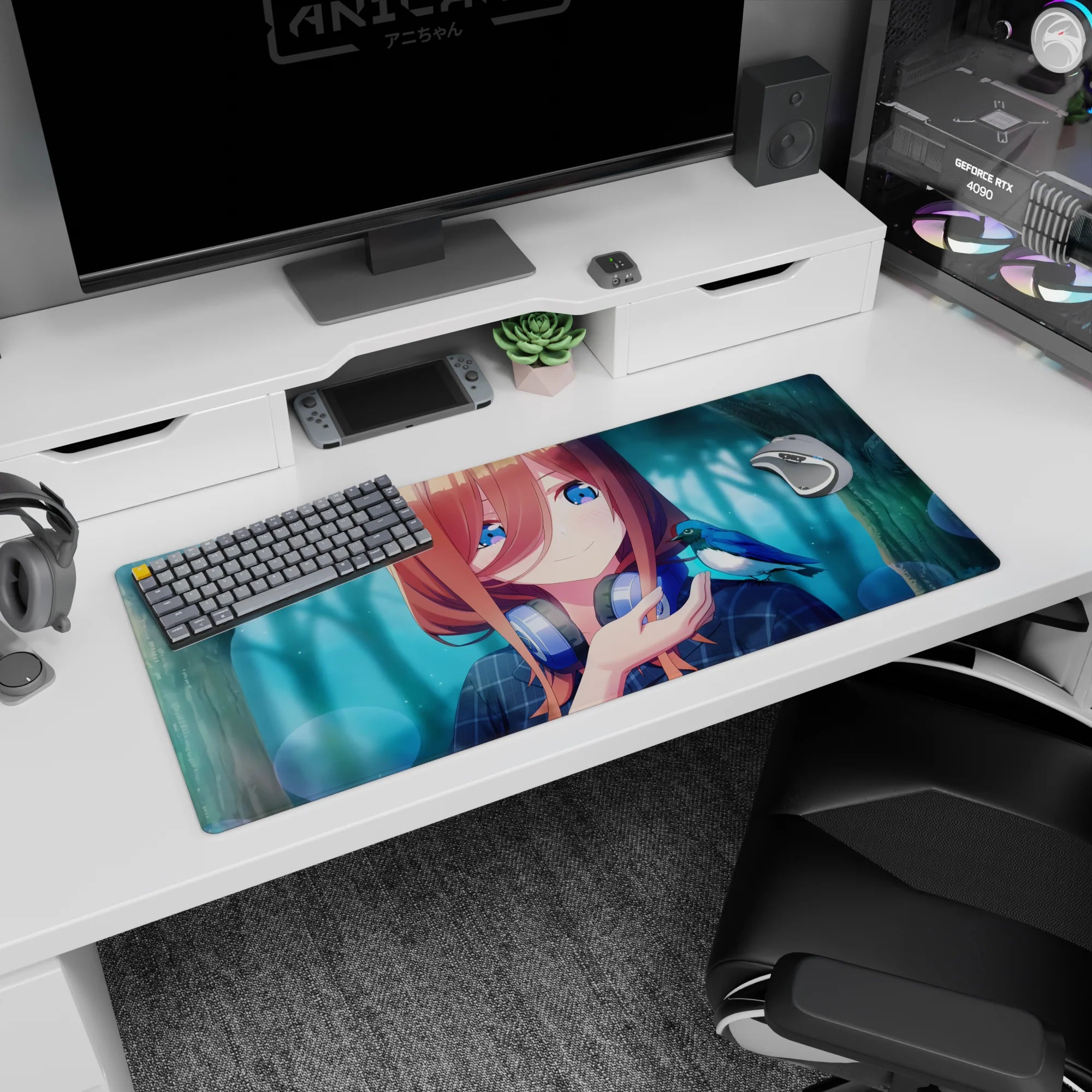 Anime girl greets a tiny blue bird on a desk pad 36x16 inches, cozy gamer vibe with headphones.