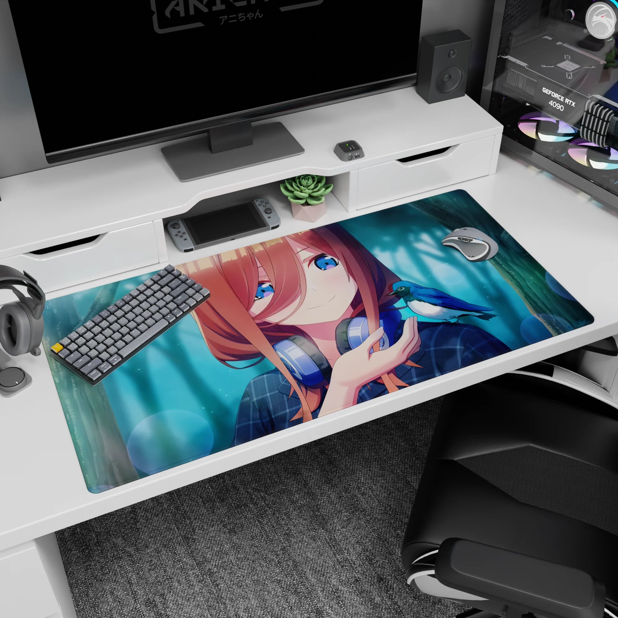 Anime girl greeting a tiny blue bird on a desk pad 40x20 inches, copper hair, gamer headphones.