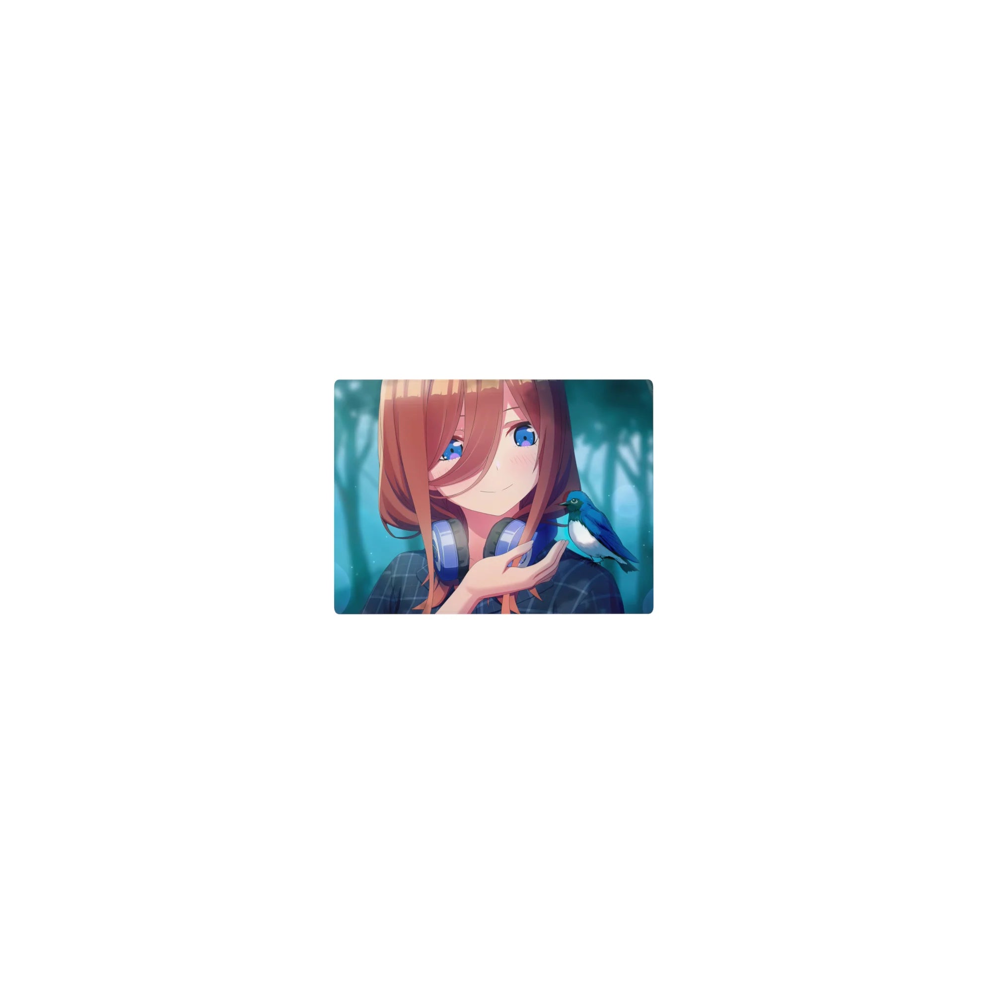 Classic anime girl mouse pad 14x10 inches with teal forest haze, blue bird, and gamer headphones.