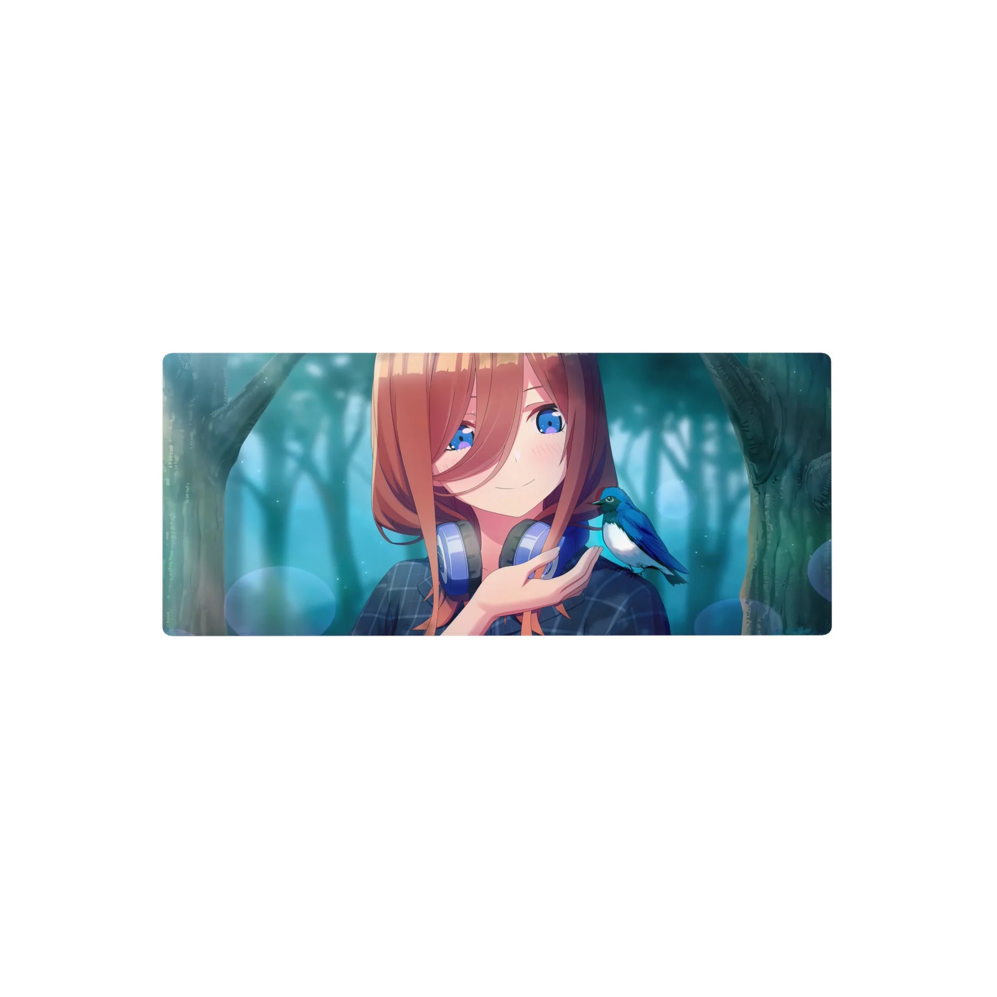 Anime girl mouse pad 28x12 inches with blue bird, silver headphones, plaid top, and soft bokeh forest.