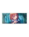 Anime girl mouse pad 28x12 inches with blue bird, silver headphones, plaid top, and soft bokeh forest.