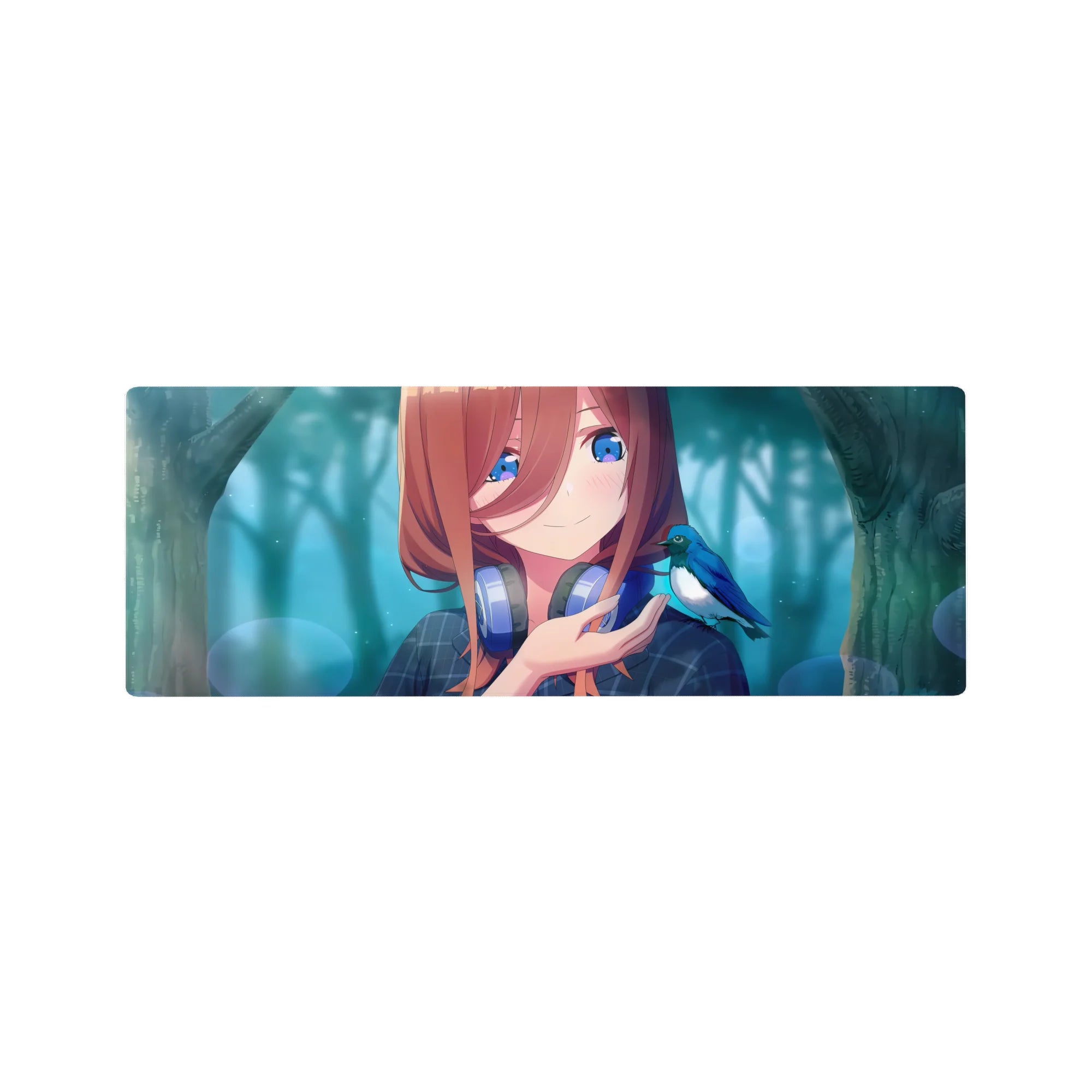 32x12 inches anime girl mouse pad with teal forest haze, plaid top, silver headphones, blue bird.